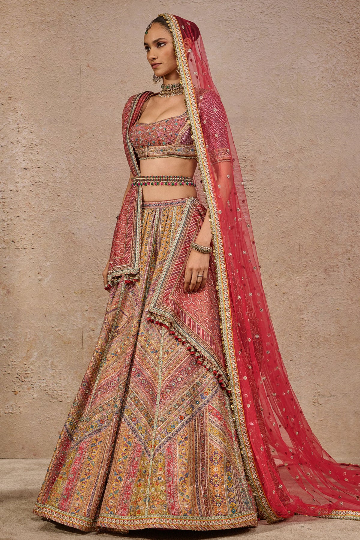 Multicolour Kashida Bridal Lehenga Set