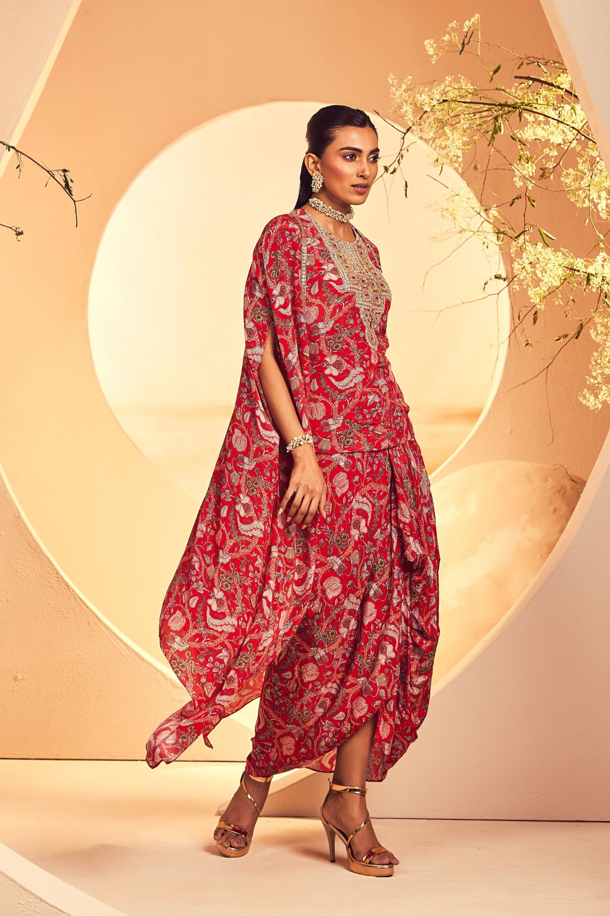 Red Kalmkari Kurta Dhoti Jacket