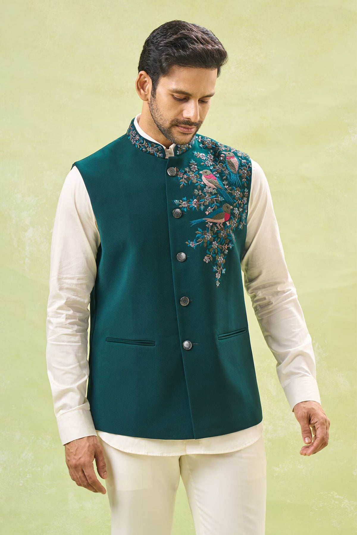 Teal Green Embroidered Nehru Jacket