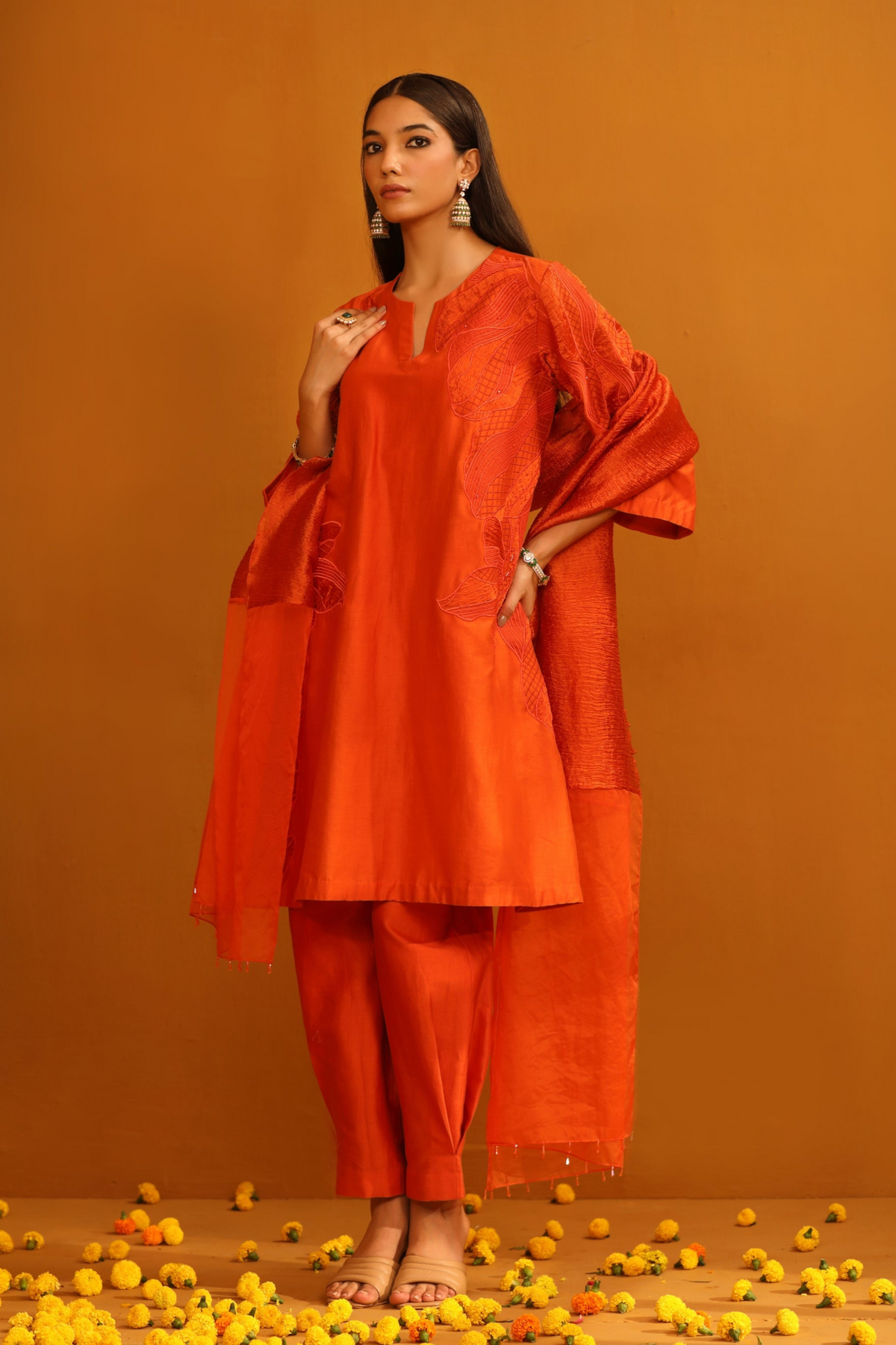 Huma Applique Orange Suit Set