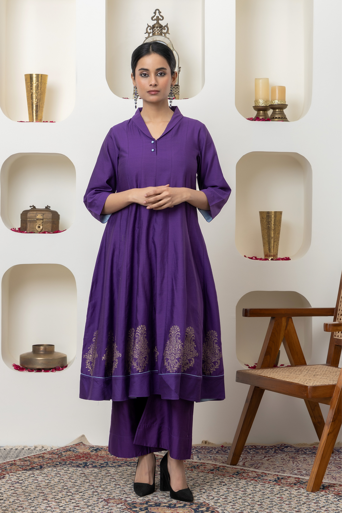 Purple Hand Block Printed Anarkali Set