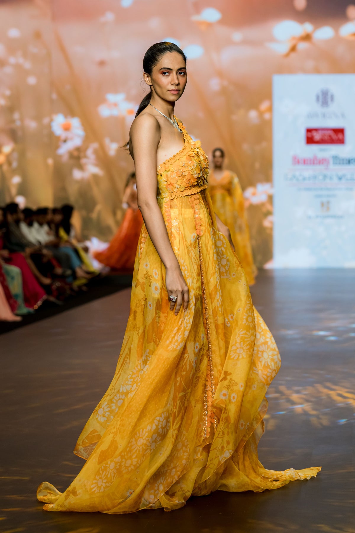 Yellow Printed One Shoulder Gown