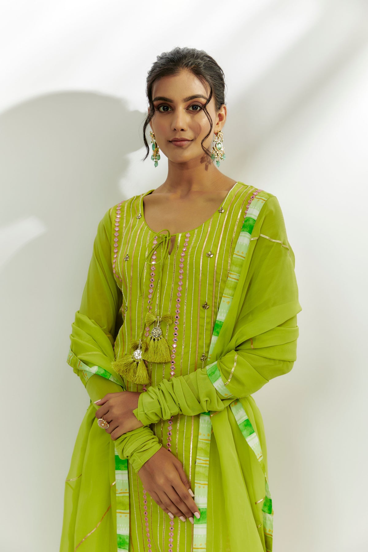 Lime Green Embroidered Short Kurta Set