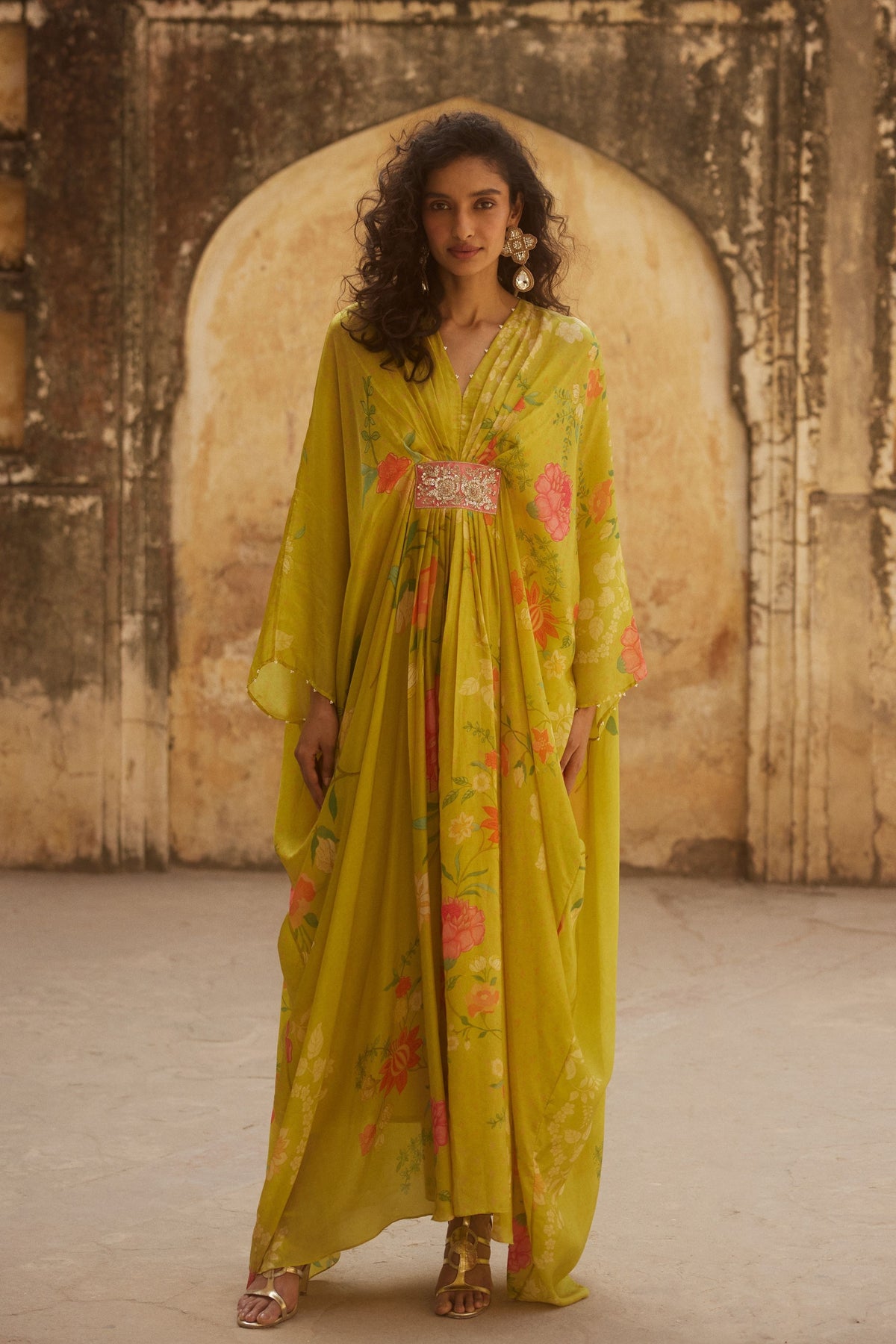 Printed Lime Yellow Kaftan Set