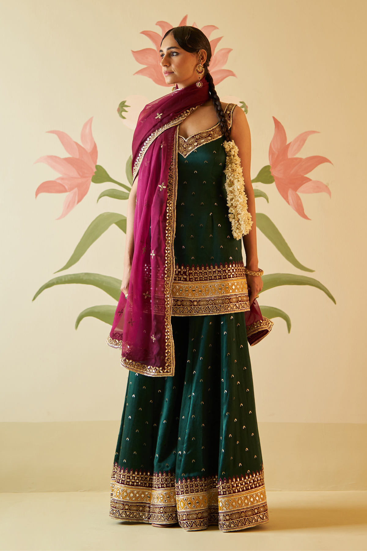 Green Satin Sharara Set