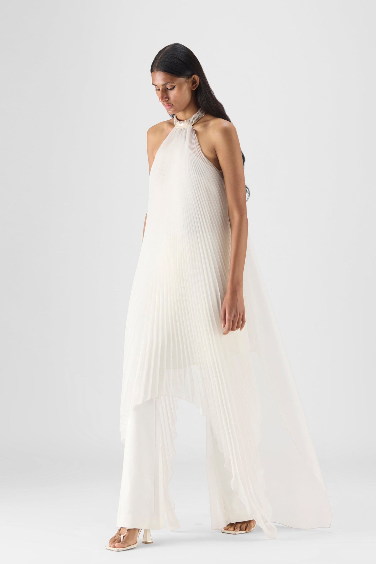 Pearl Pleated Halter Gown