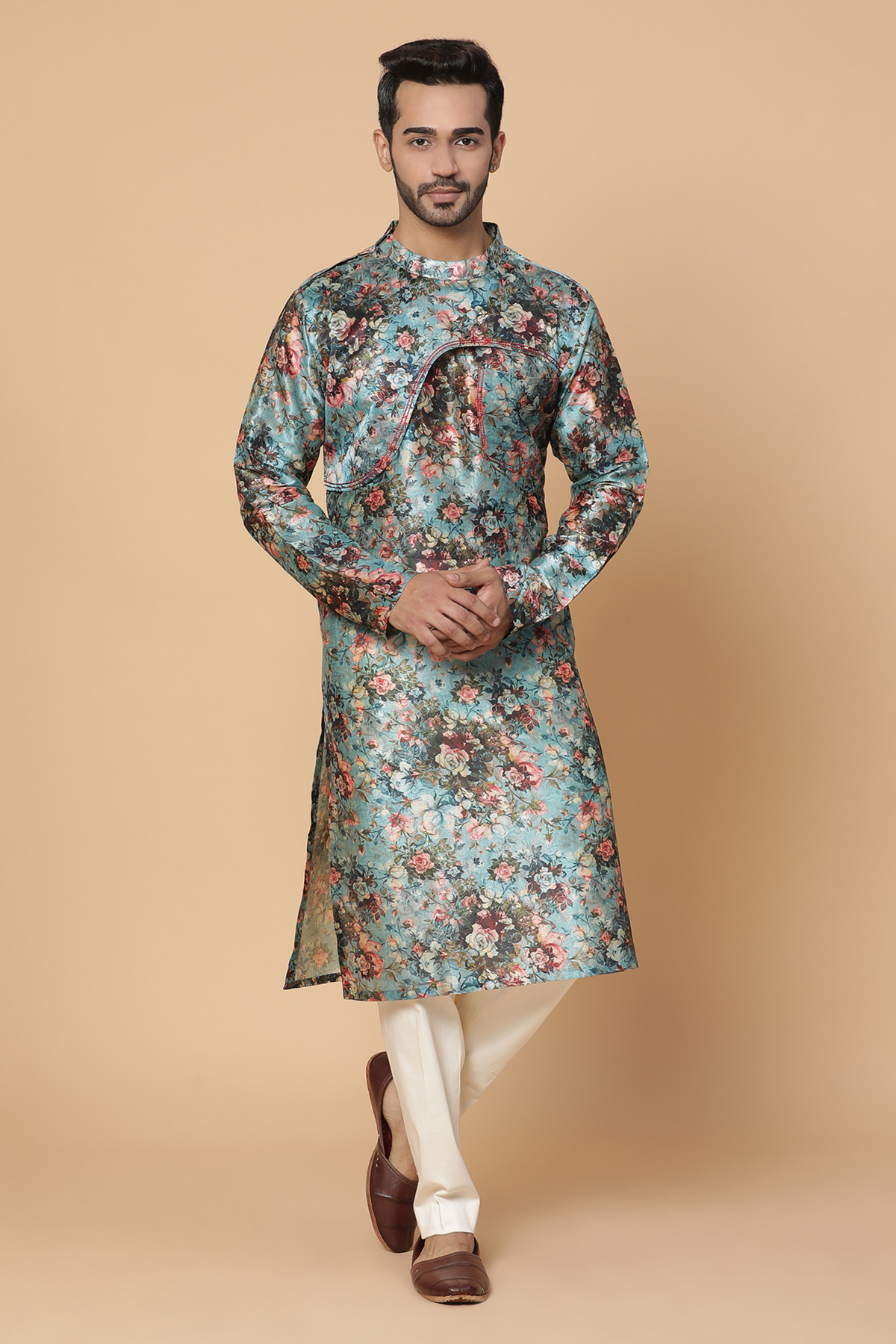 Blue floral silk kurta