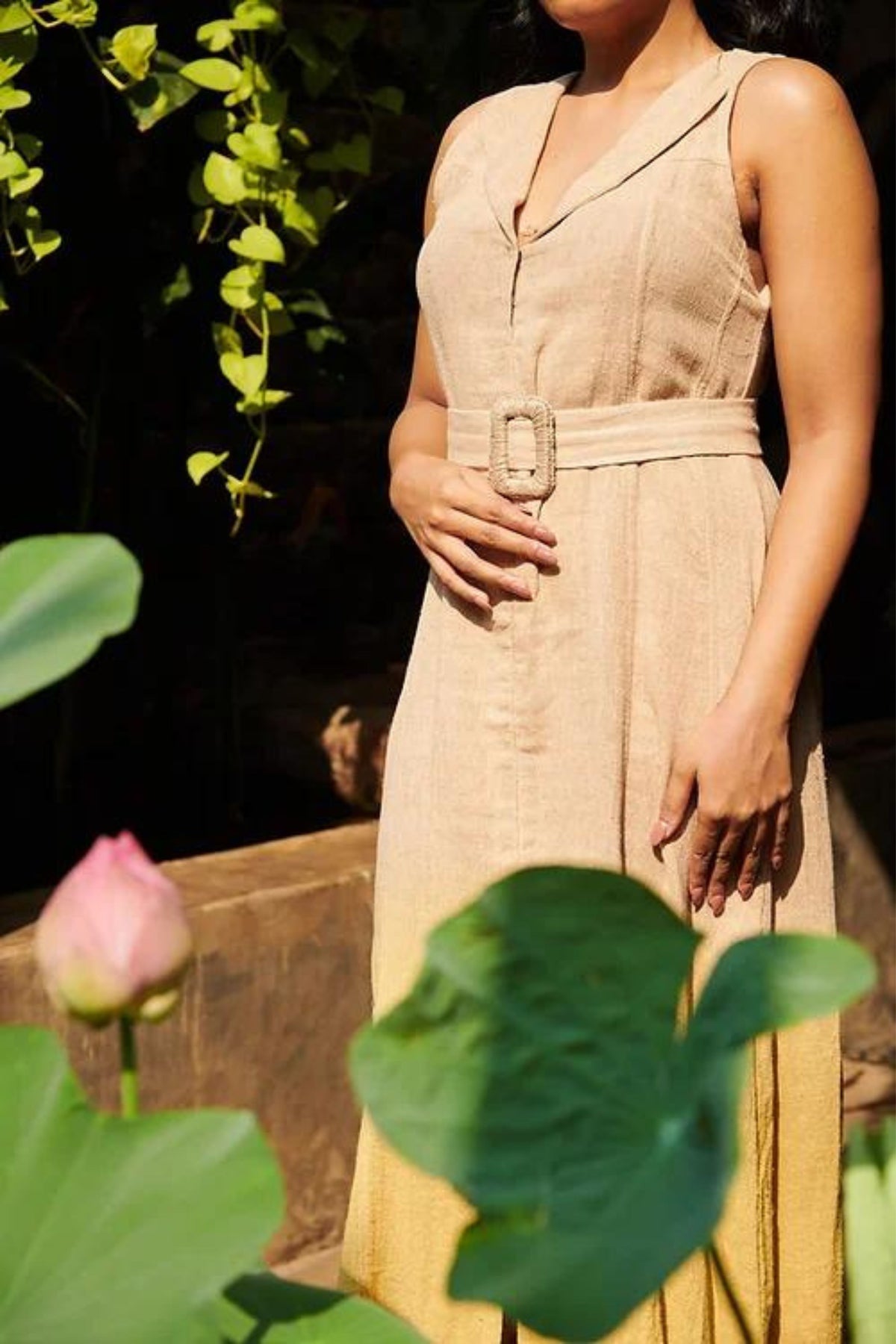 Half and Half Linen Dress in Brown