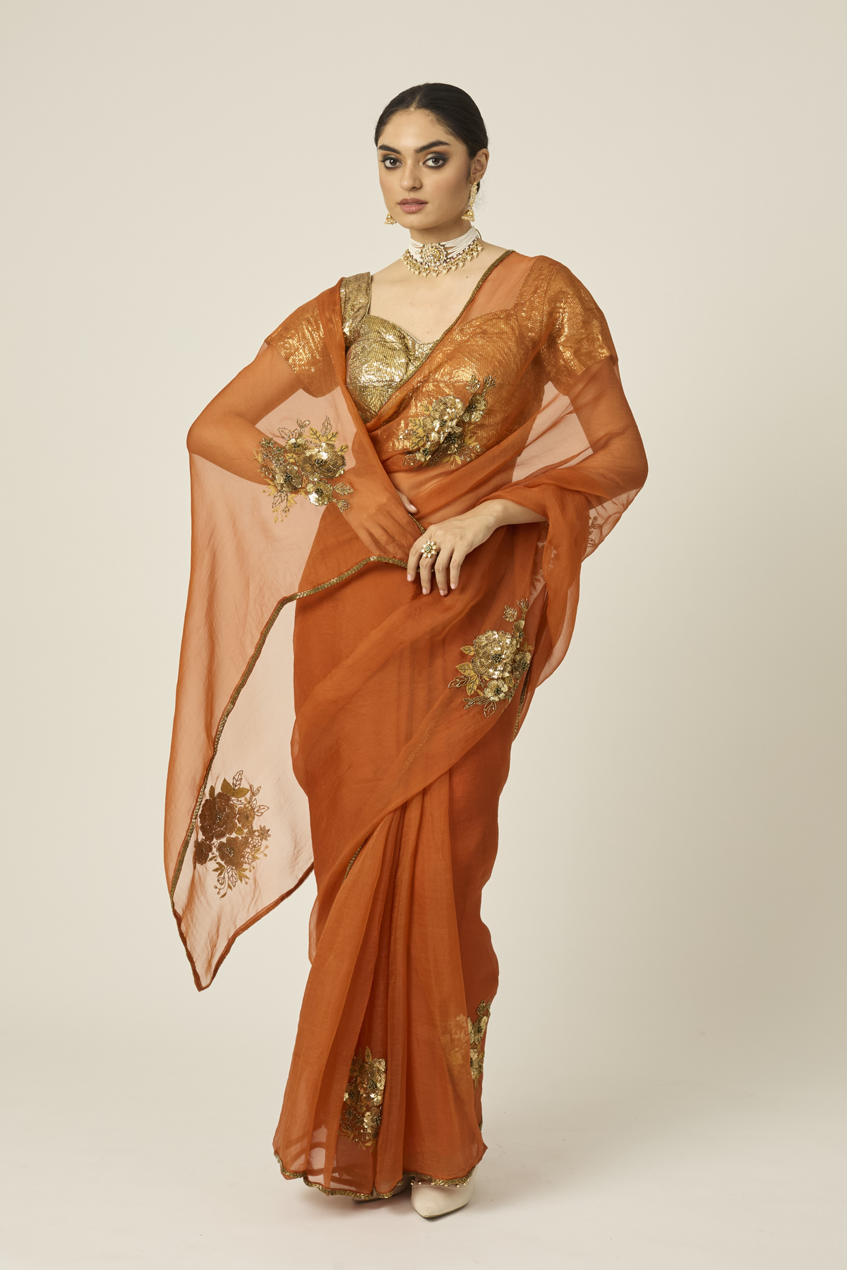 Paro Orange Silk Organza Saree