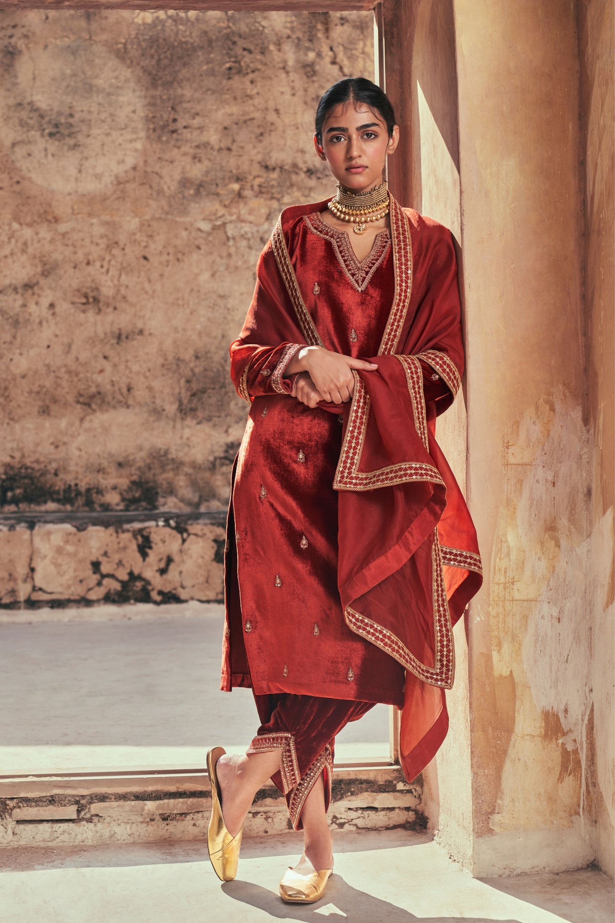 Rust Embroidery Kurta Set