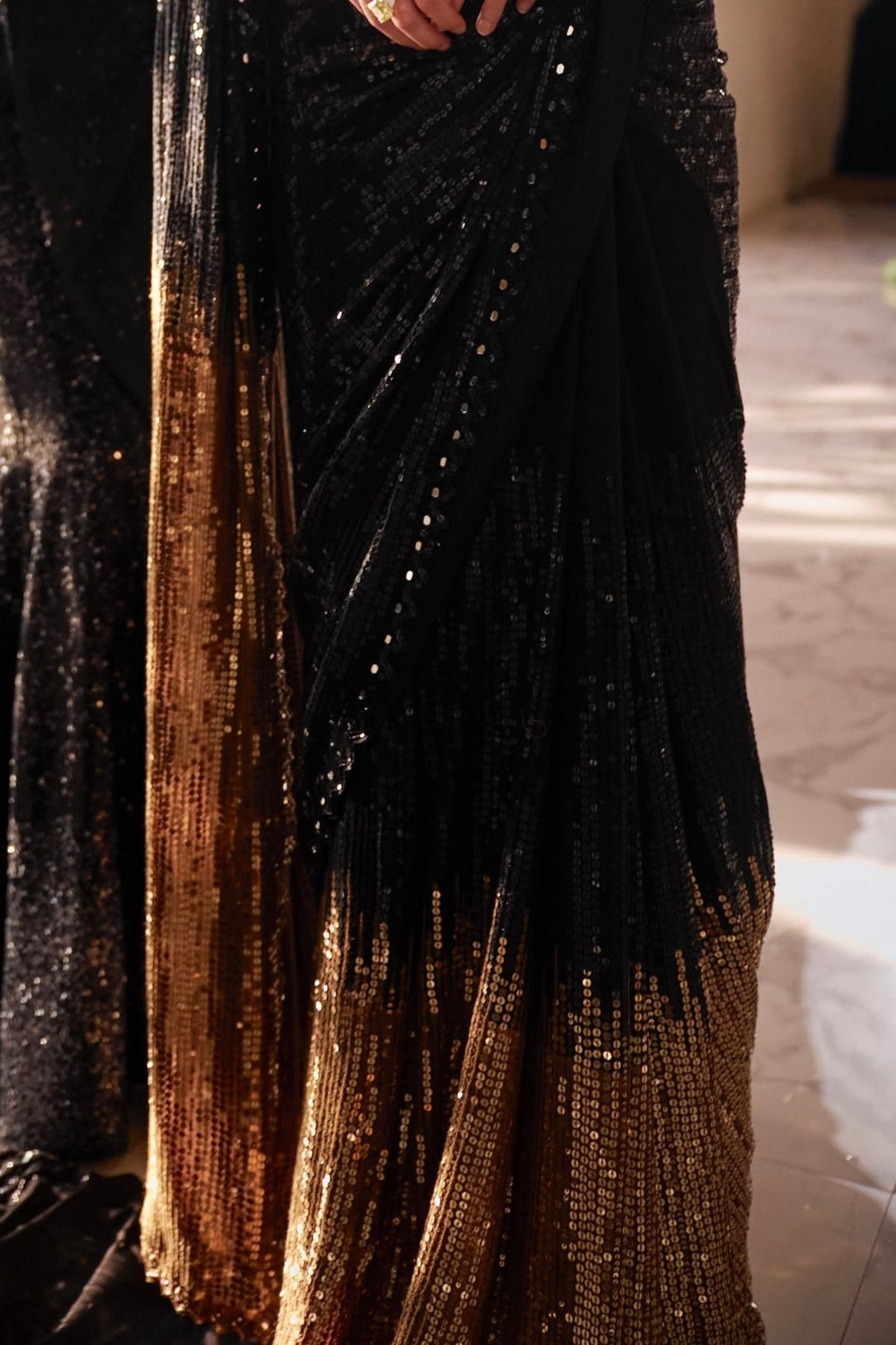 Black Ro Gold Sequins Saree