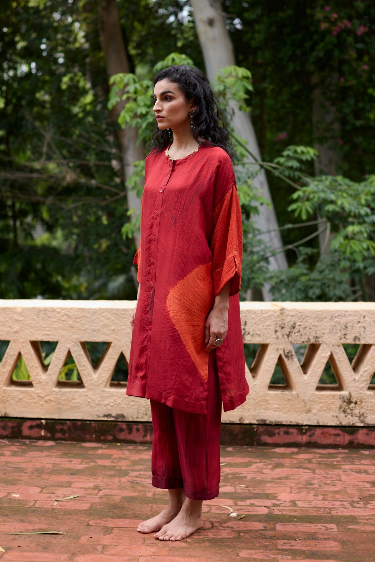 Red &amp; Orange Silk Tie-dye Tunic Set