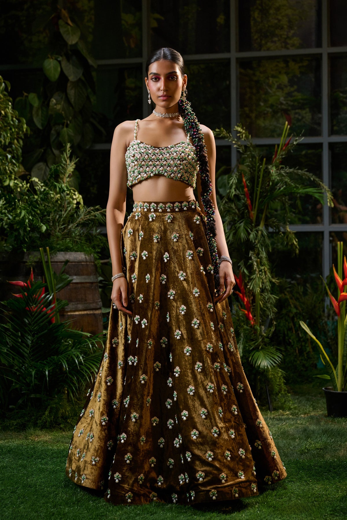 Brown Copper Embroidered Velvet Lehenga