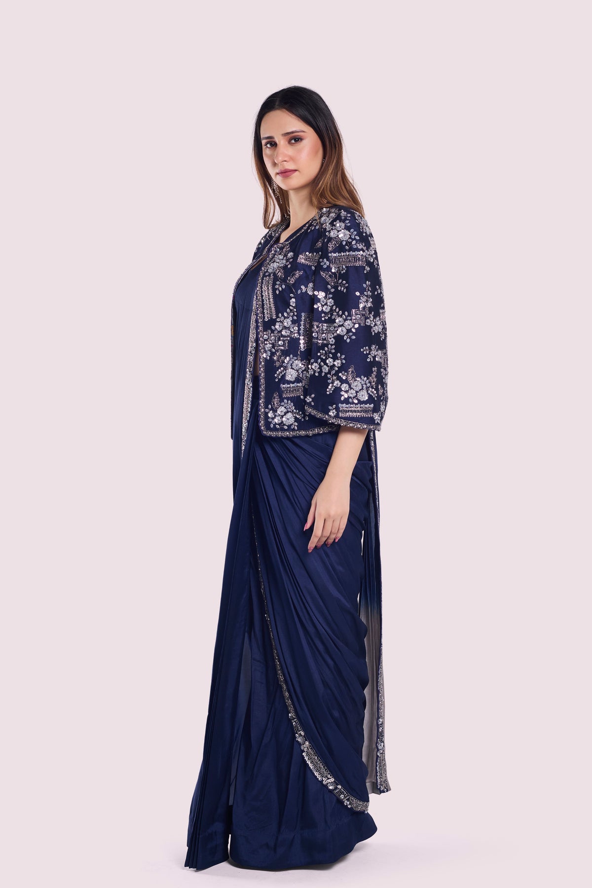 Navy Blue Drape Saree Set