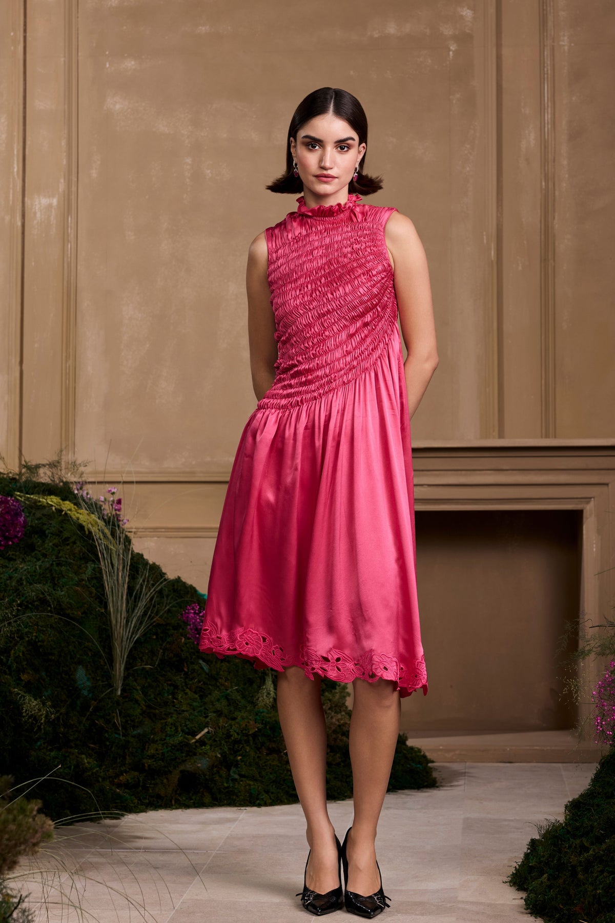 Fuchsia Ruched Cutwork Dress