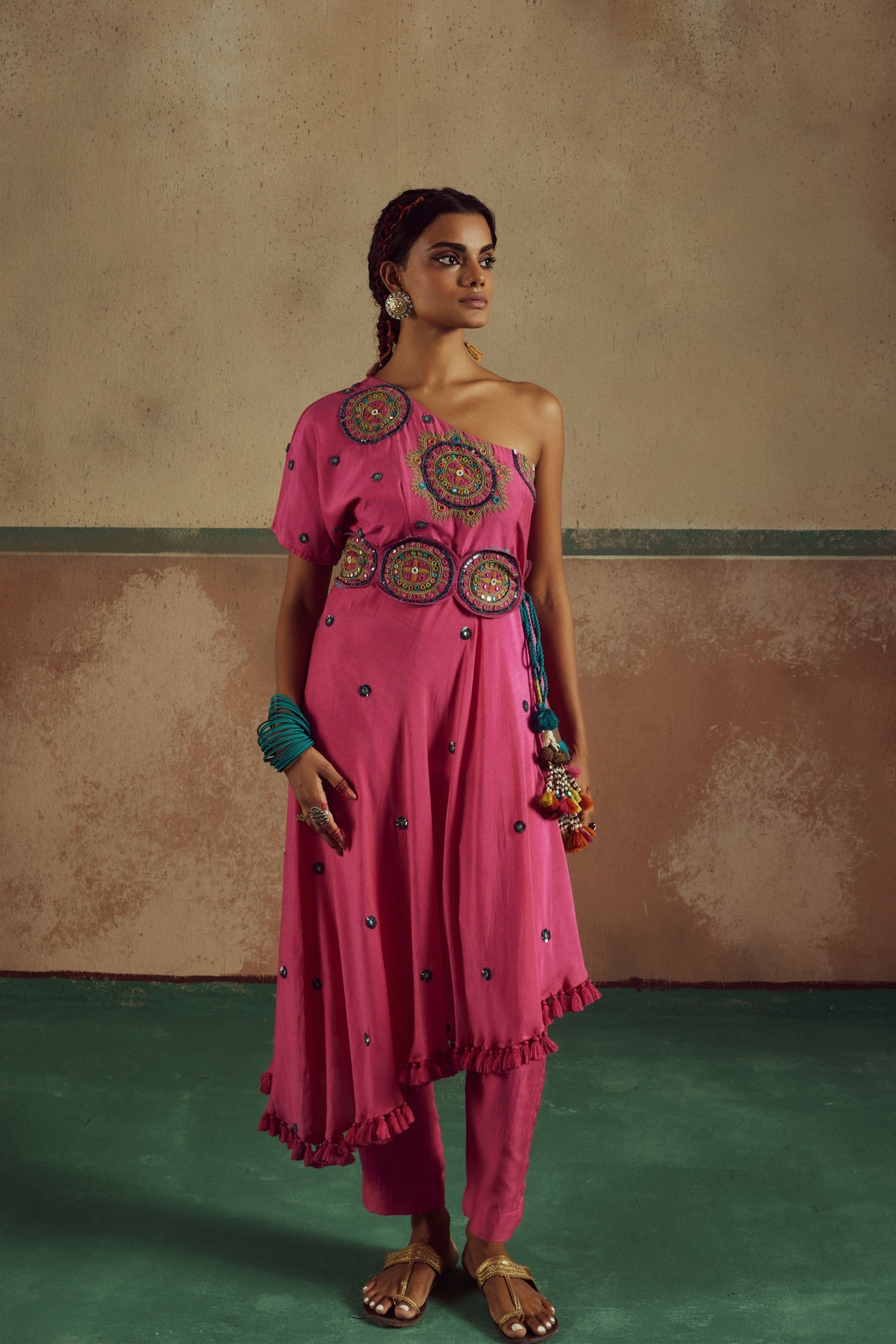 Pink One Shoulder Kurta Set