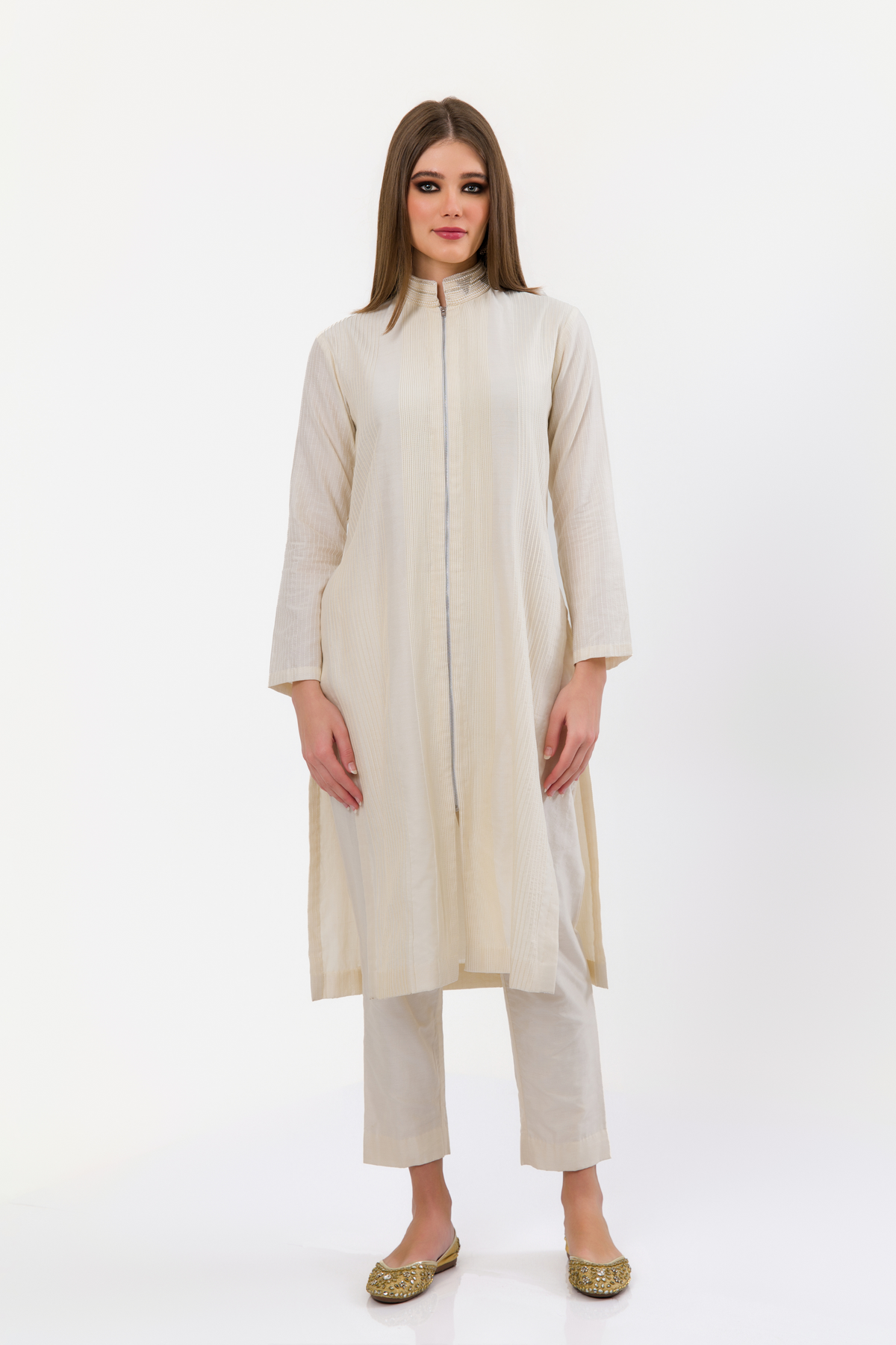 Snow White Pearl Polo Pintucks Kurta Set