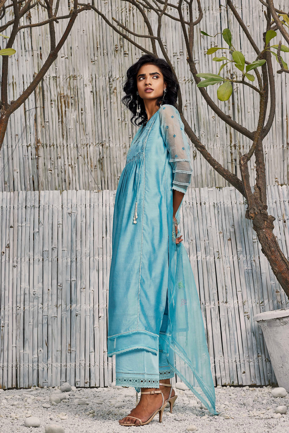 Blue Chanderi Gathered Kurta Set