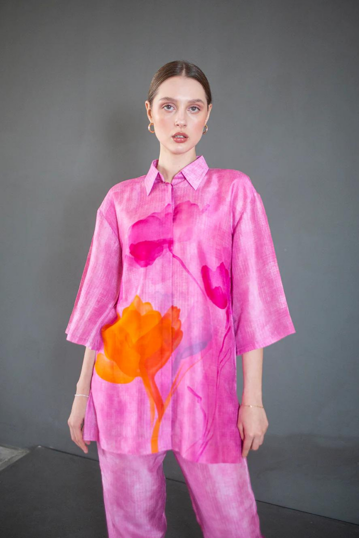 Floral Print Dupion Silk In Pink Tunics Set