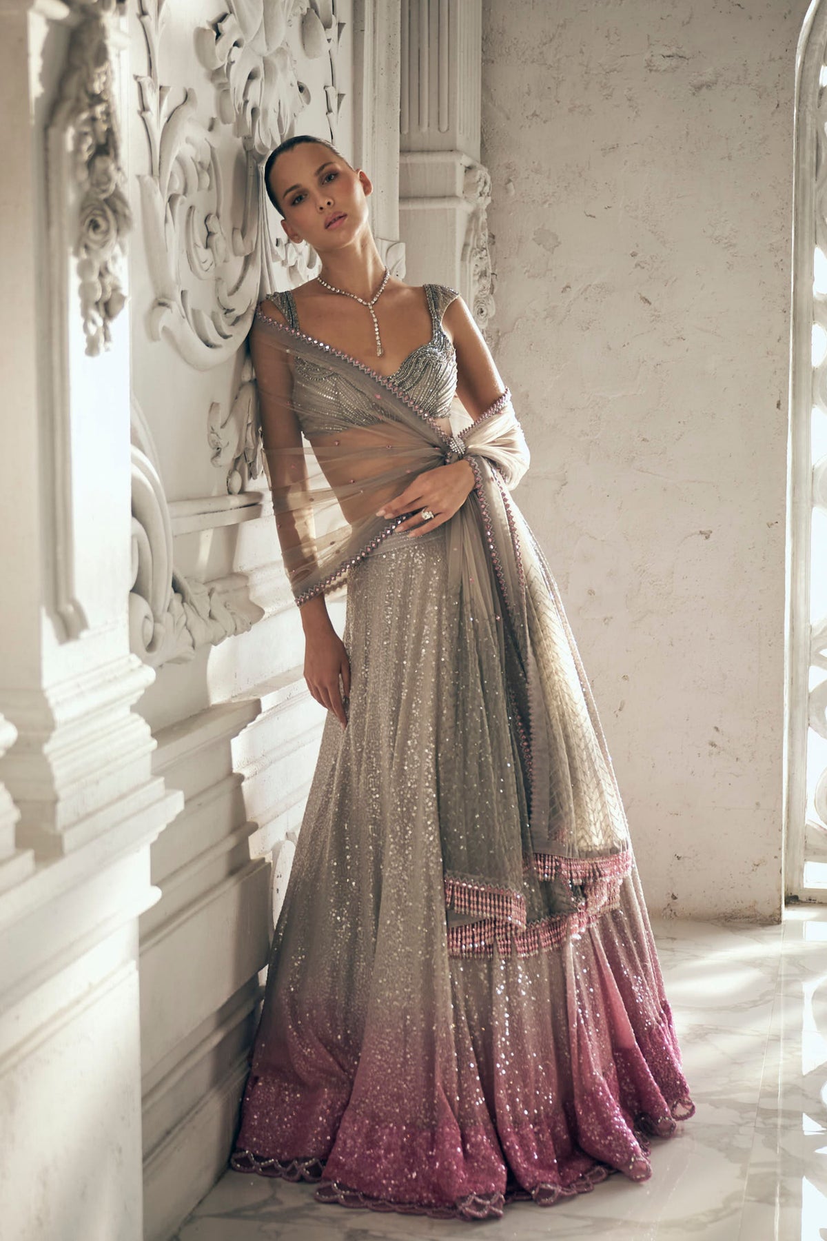 Grey to Pink Lehenga Set