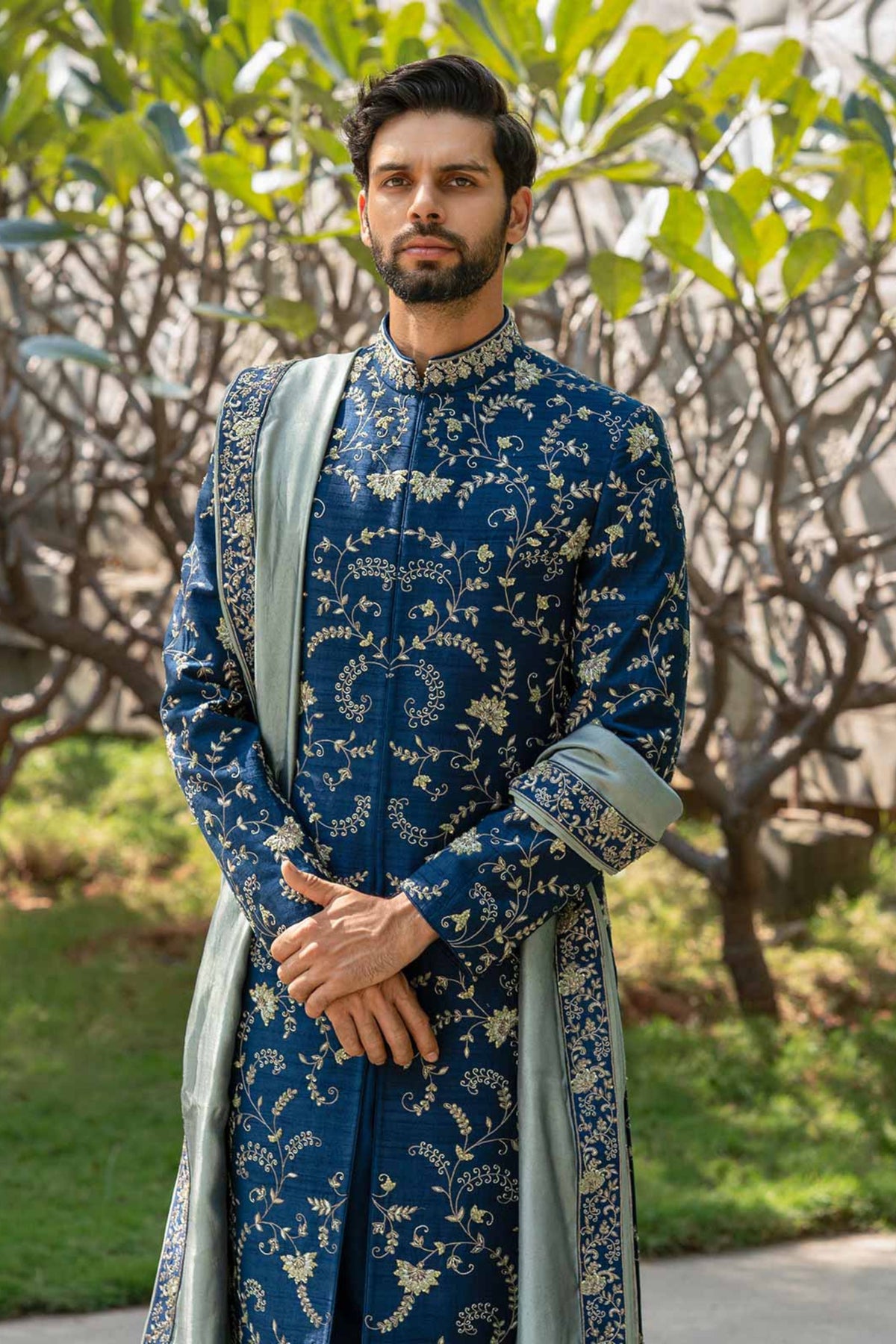 Navy Blue Embroidered Sherwani Set