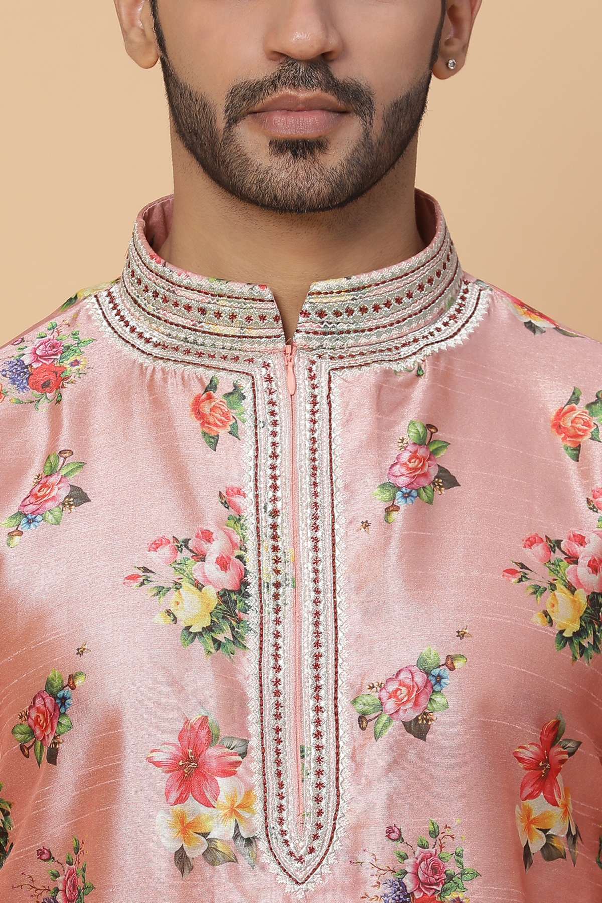 Pink floral silk kurta