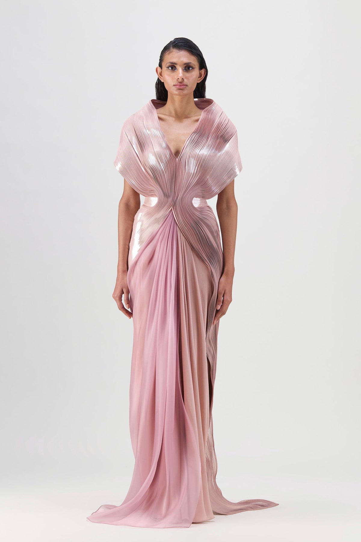 Metallic Rose Micro Pleated Gown