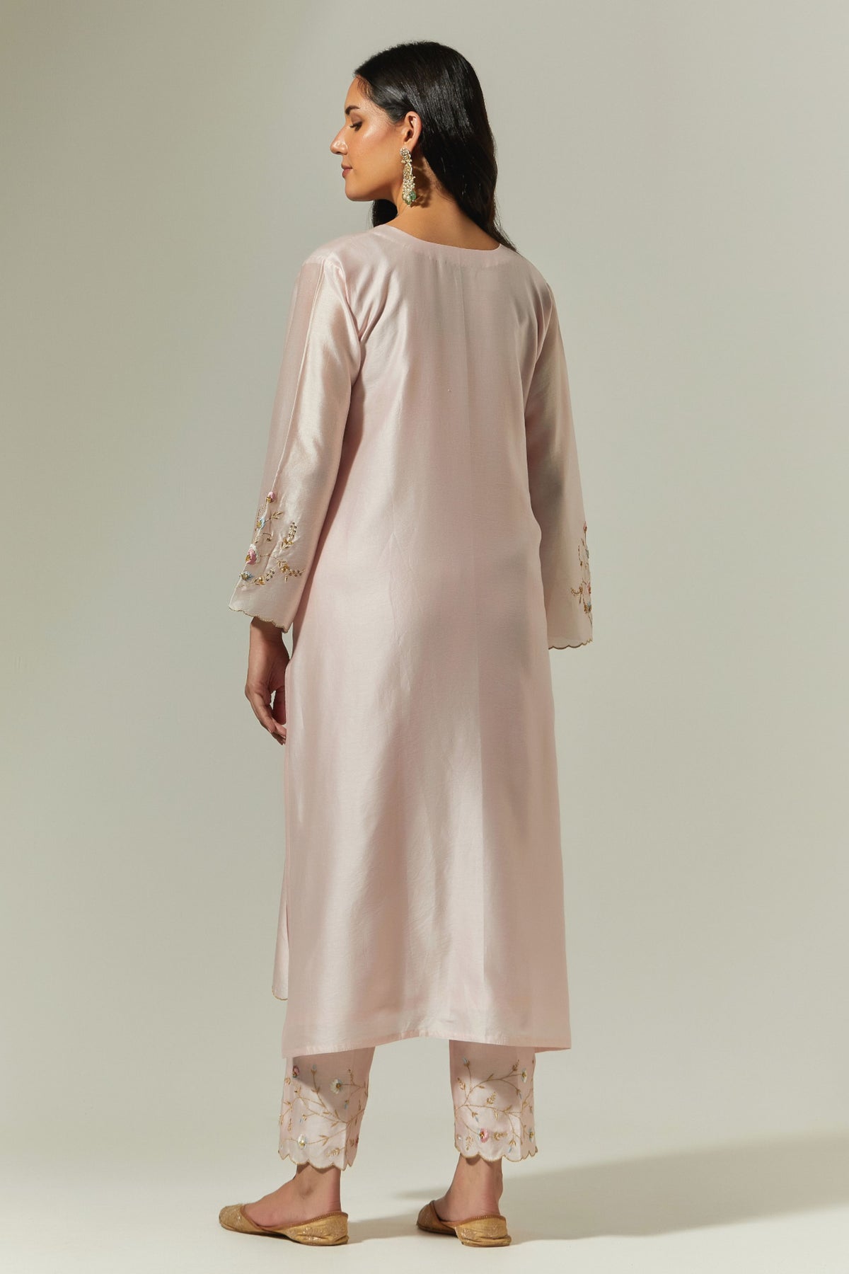 Light Pink Silk Chanderi Hand Embroidered Kurta