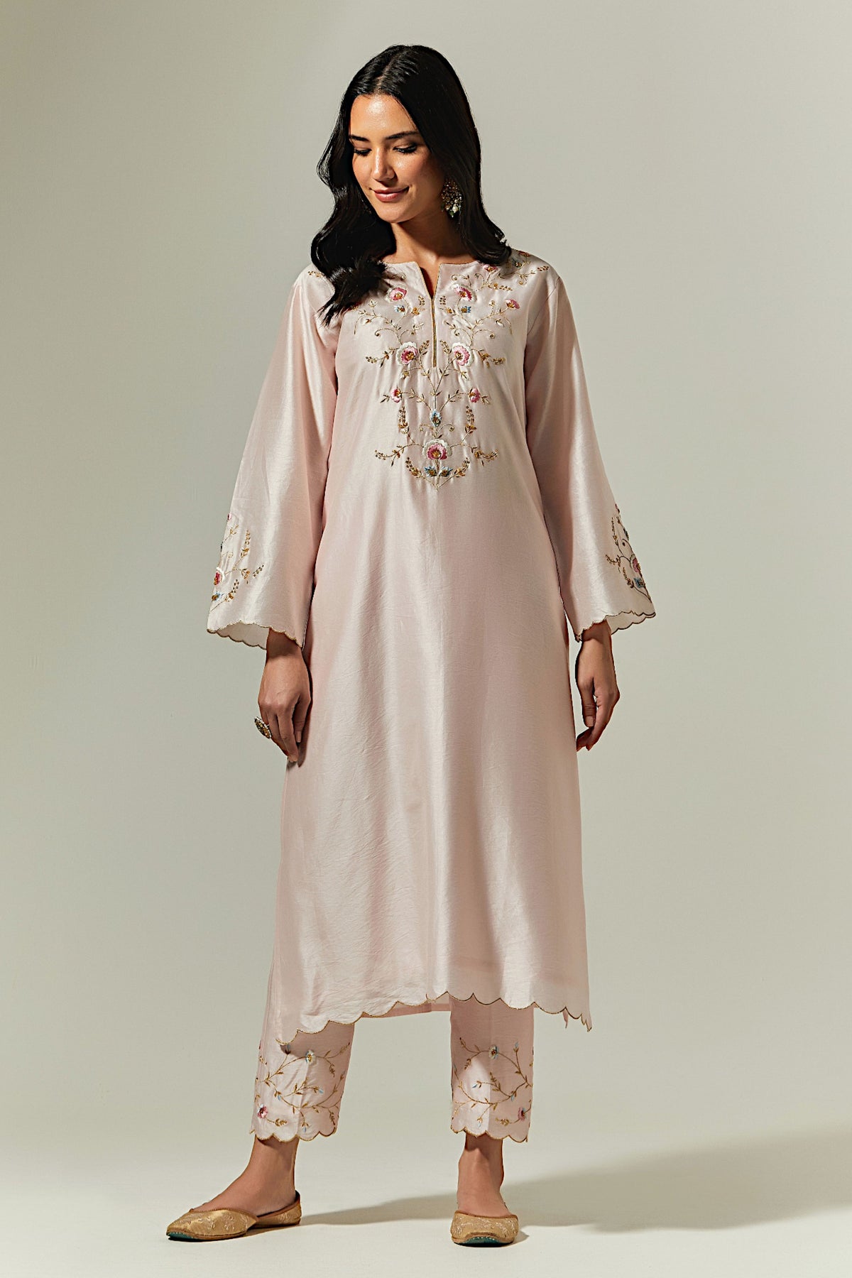 Light Pink Silk Chanderi Hand Embroidered Kurta