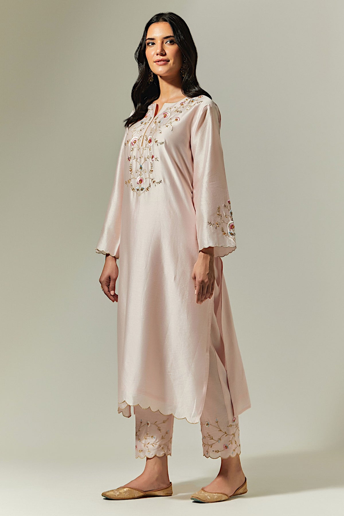 Light Pink Silk Chanderi Hand Embroidered Kurta