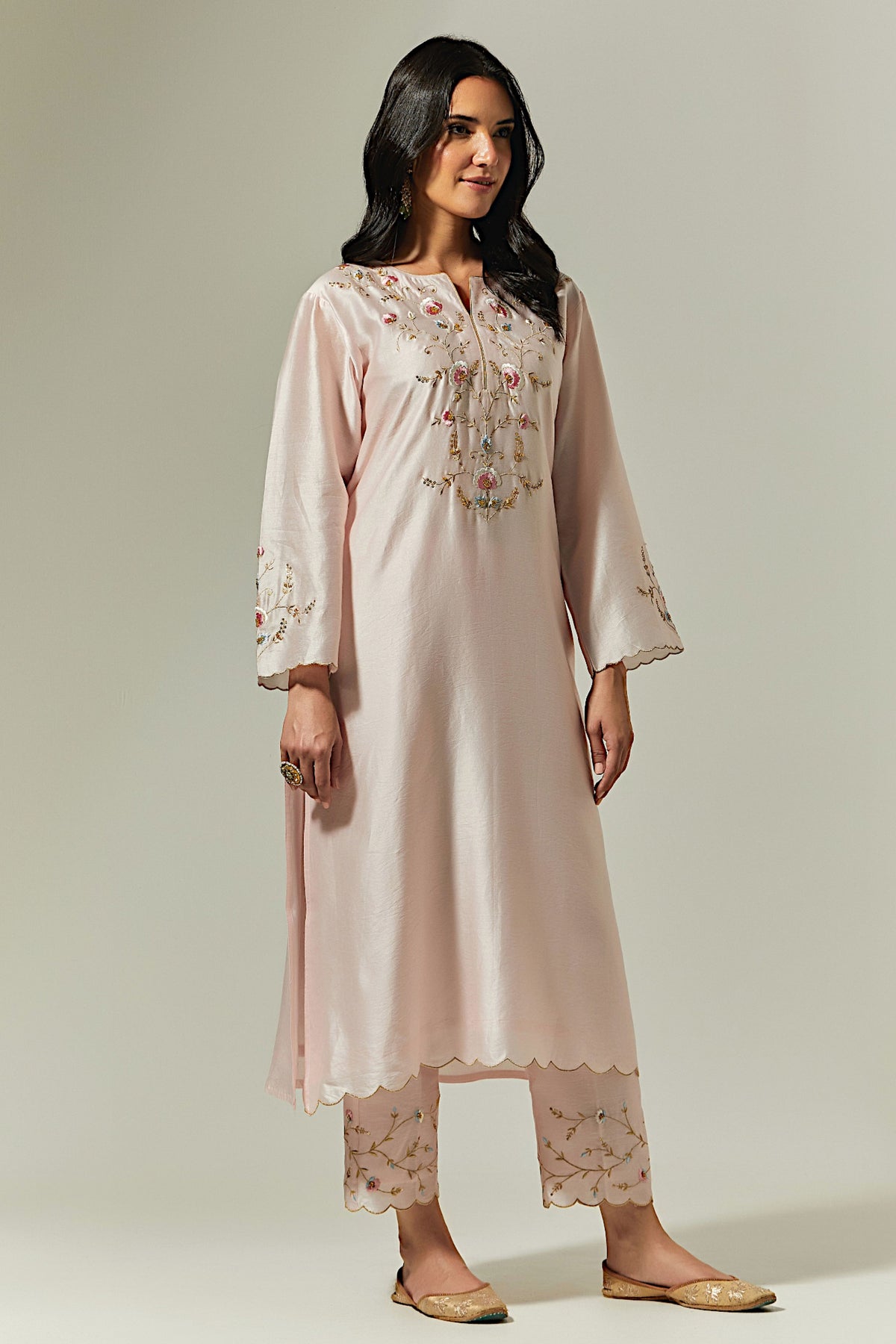 Light Pink Silk Chanderi Hand Embroidered Kurta