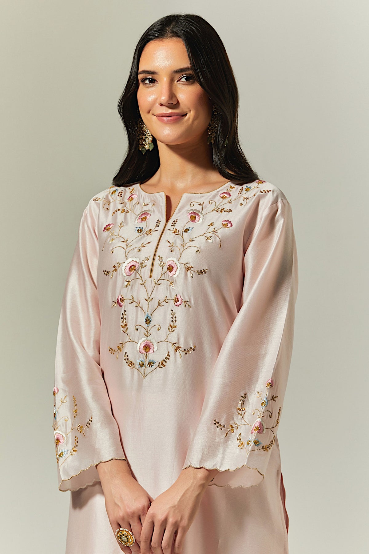 Light Pink Silk Chanderi Hand Embroidered Kurta