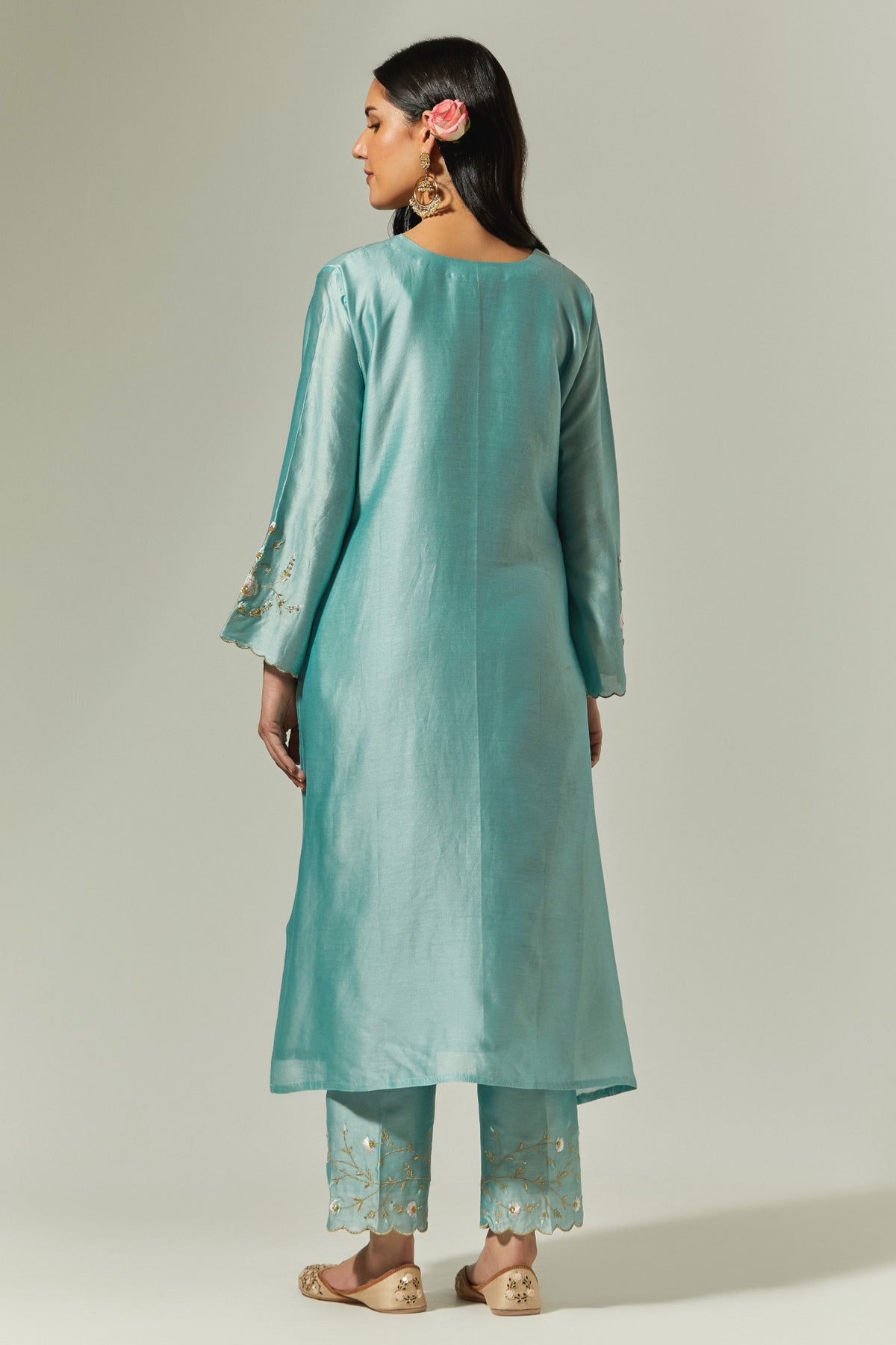 Blue Silk Chanderi Hand Embroidered Kurta