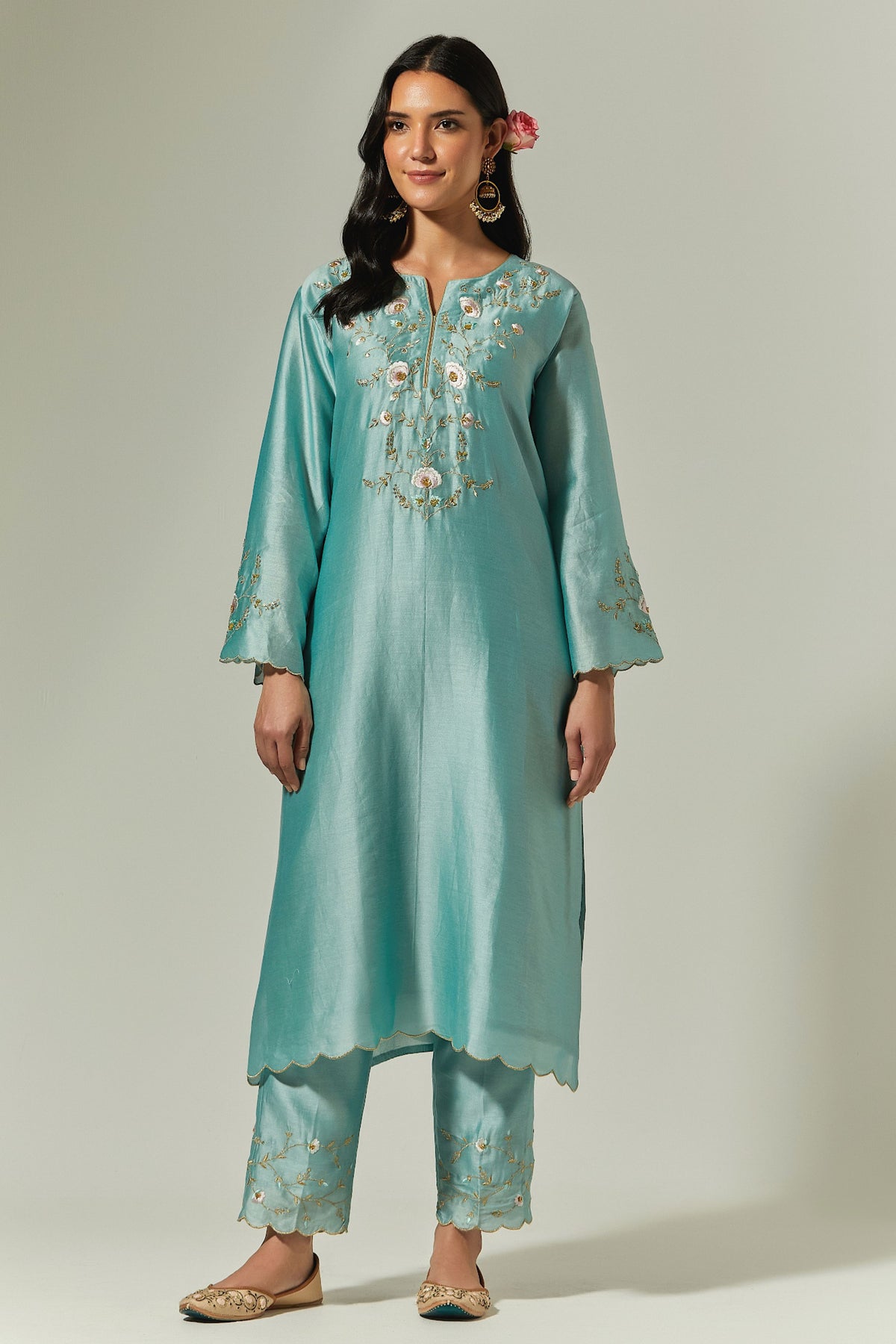 Blue Silk Chanderi Hand Embroidered Kurta