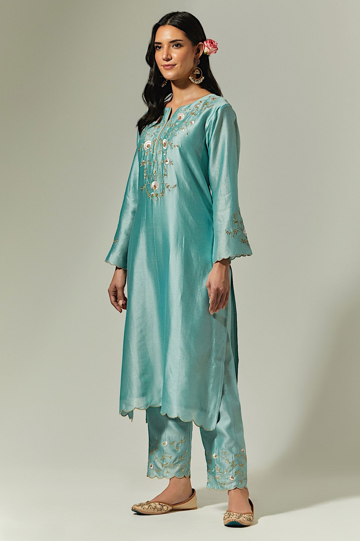 Blue Silk Chanderi Hand Embroidered Kurta