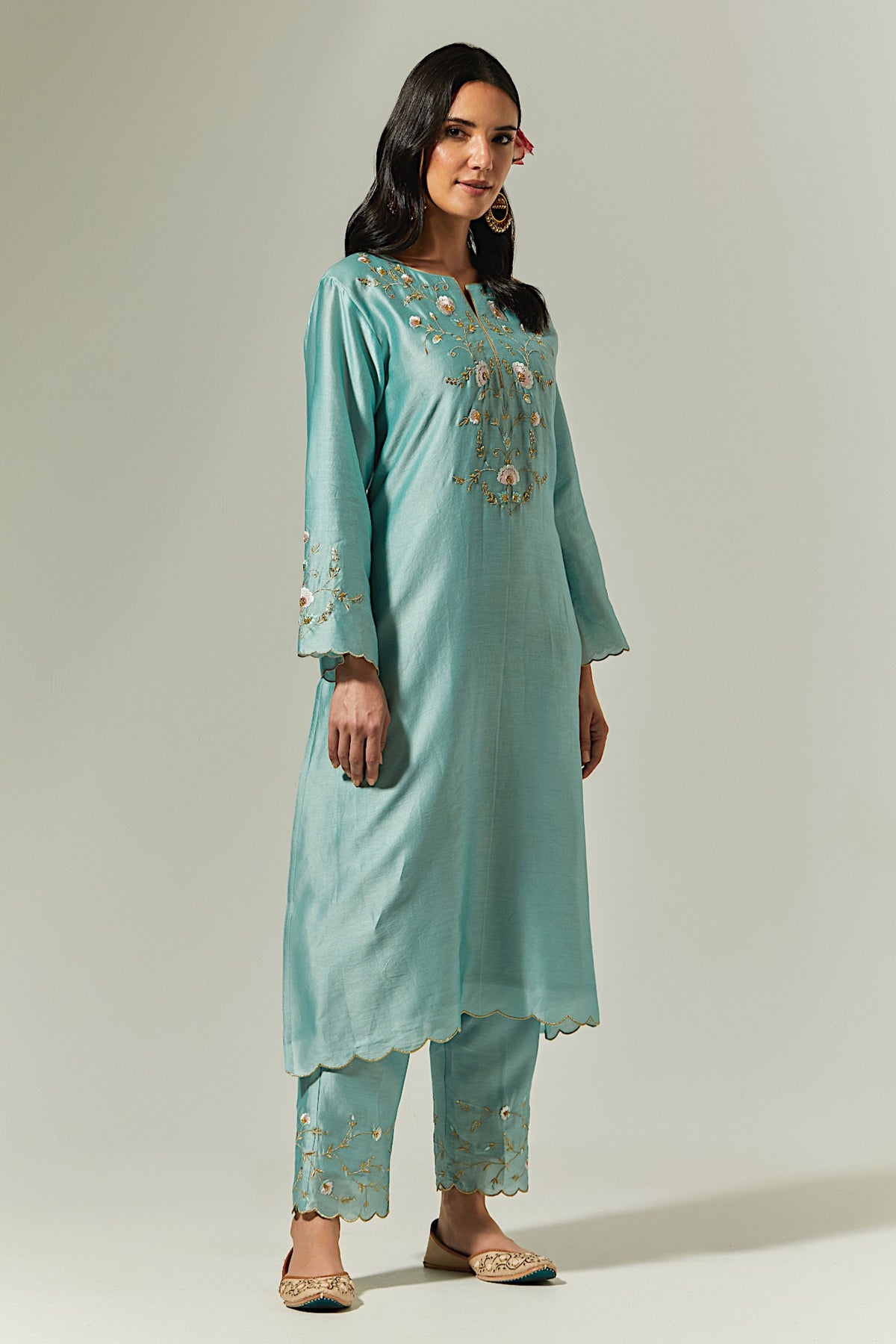 Blue Silk Chanderi Hand Embroidered Kurta