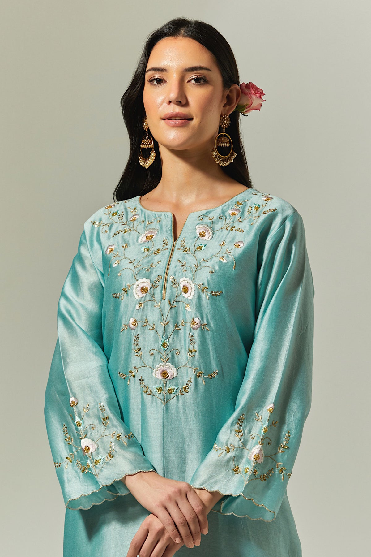 Blue Silk Chanderi Hand Embroidered Kurta