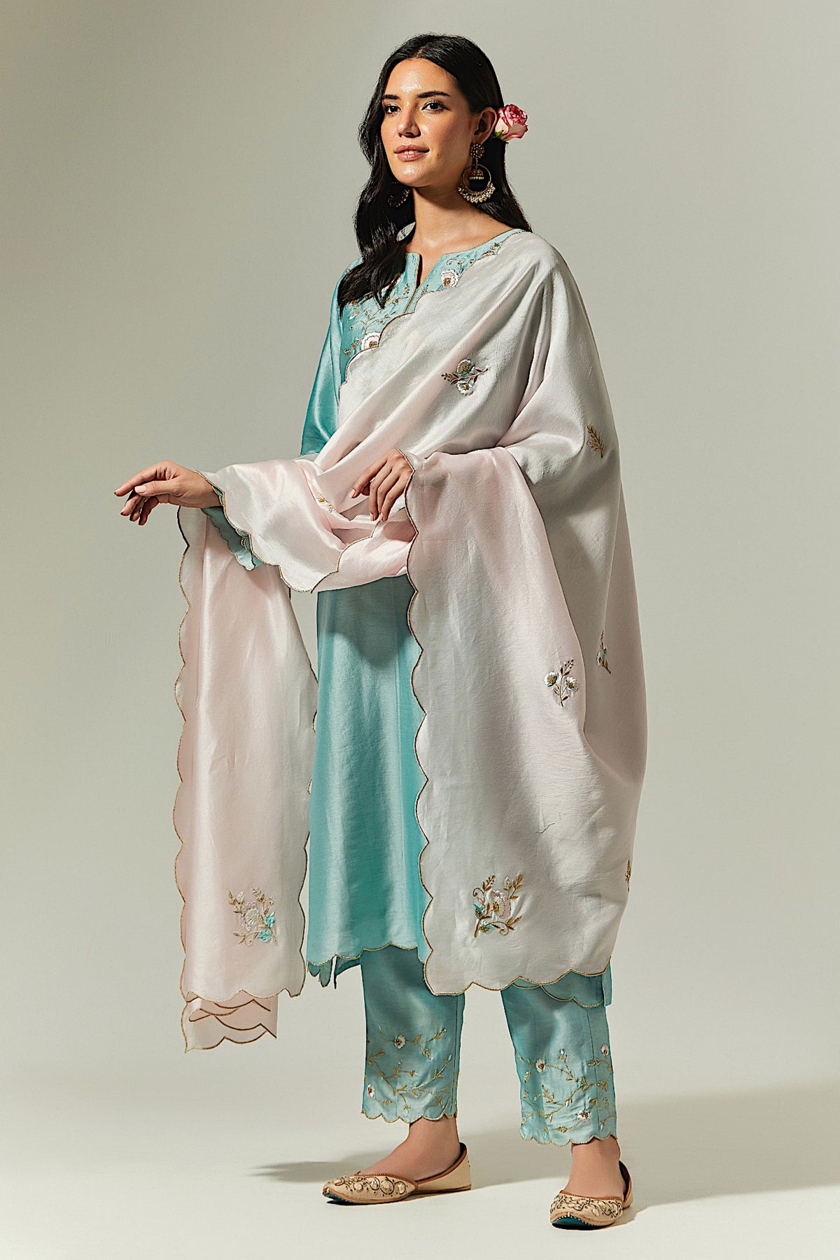 Blue Silk Chanderi Hand Embroidered Kurta