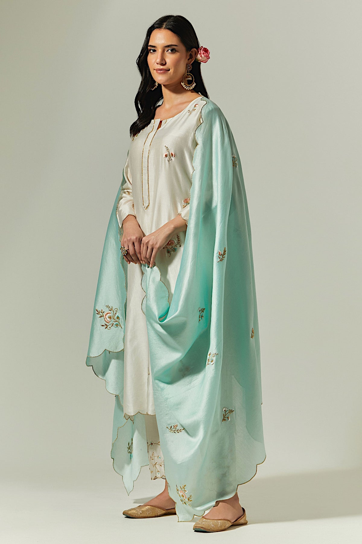 Mint  Silk Chanderi Hand Embroidered Dupatta