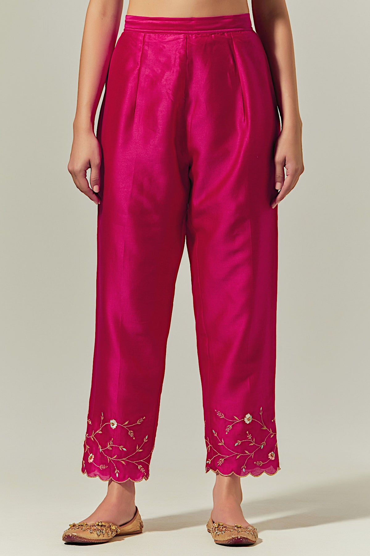 Fuchsia Silk Chanderi Palazzo With Embroidered Hem