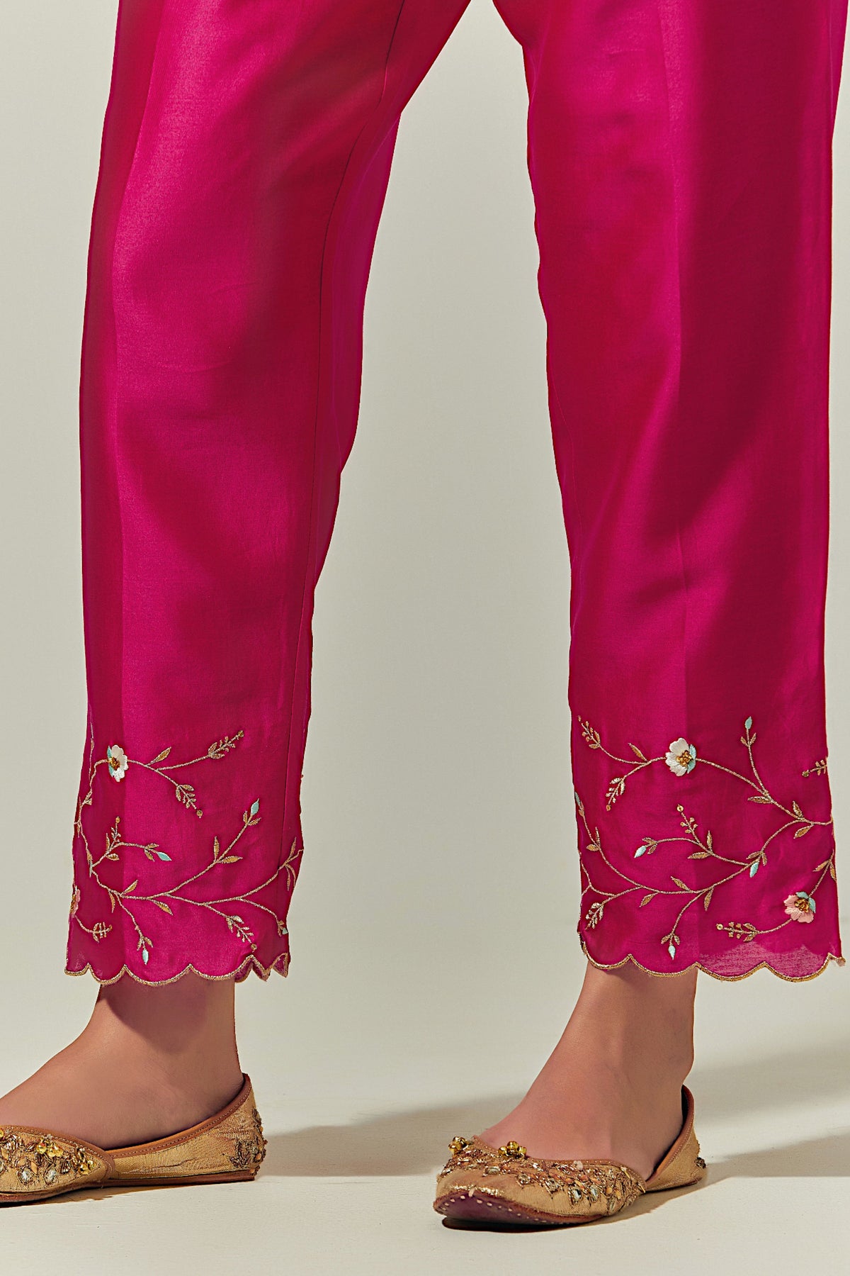 Fuchsia Silk Chanderi Palazzo With Embroidered Hem