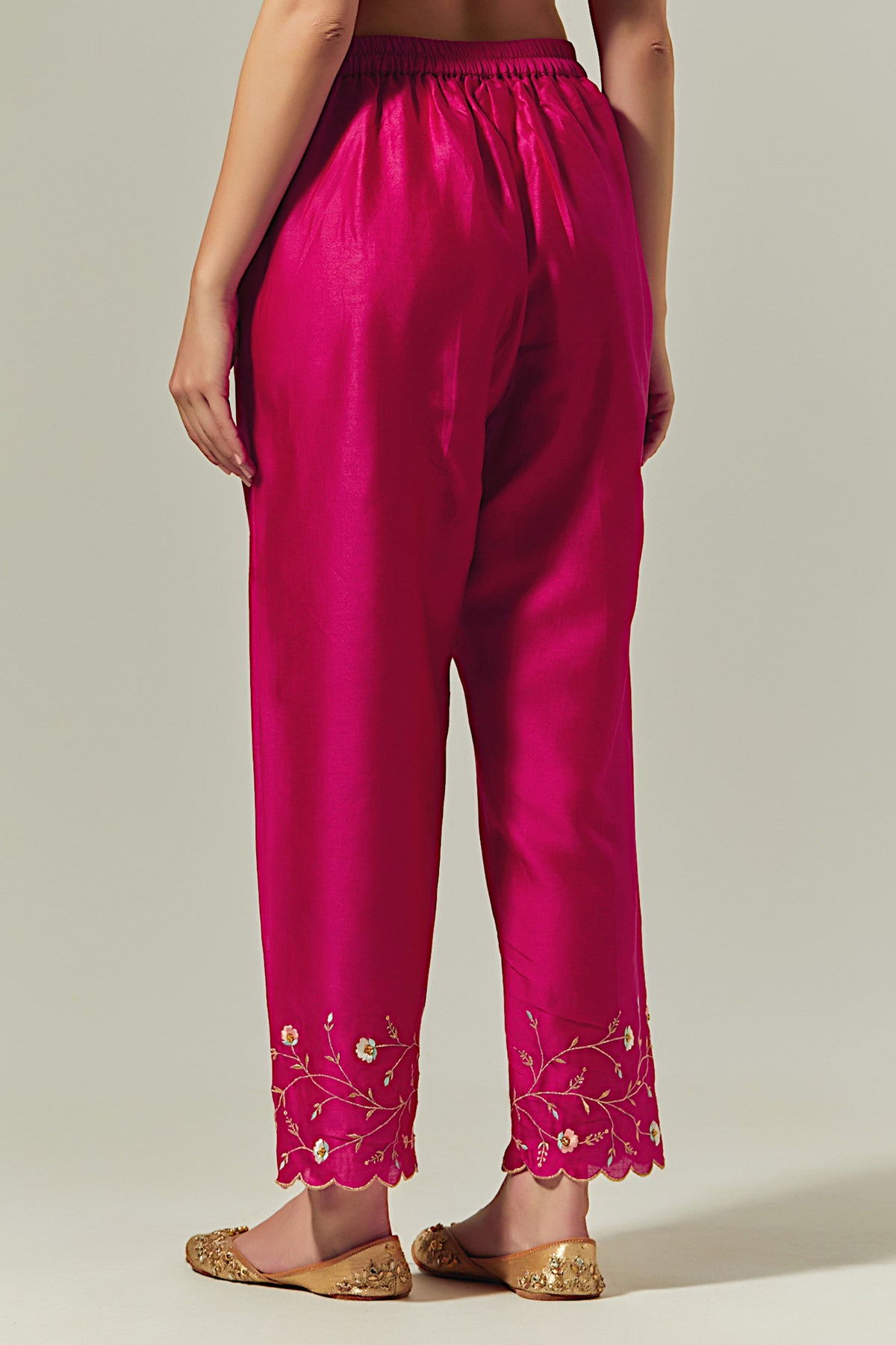 Fuchsia Silk Chanderi Palazzo With Embroidered Hem