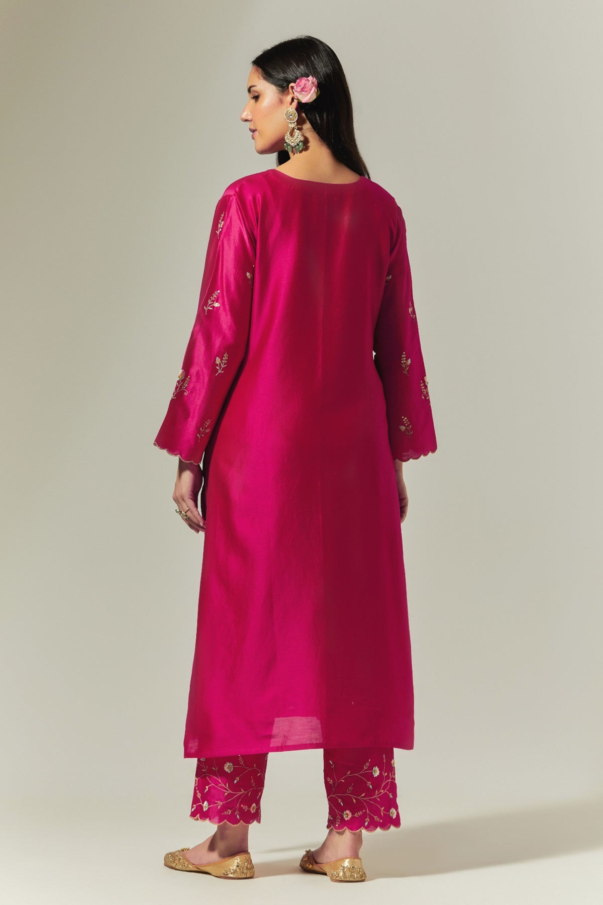 Fuchsia Silk Chanderi Hand Embroidered Kurta With Plackett