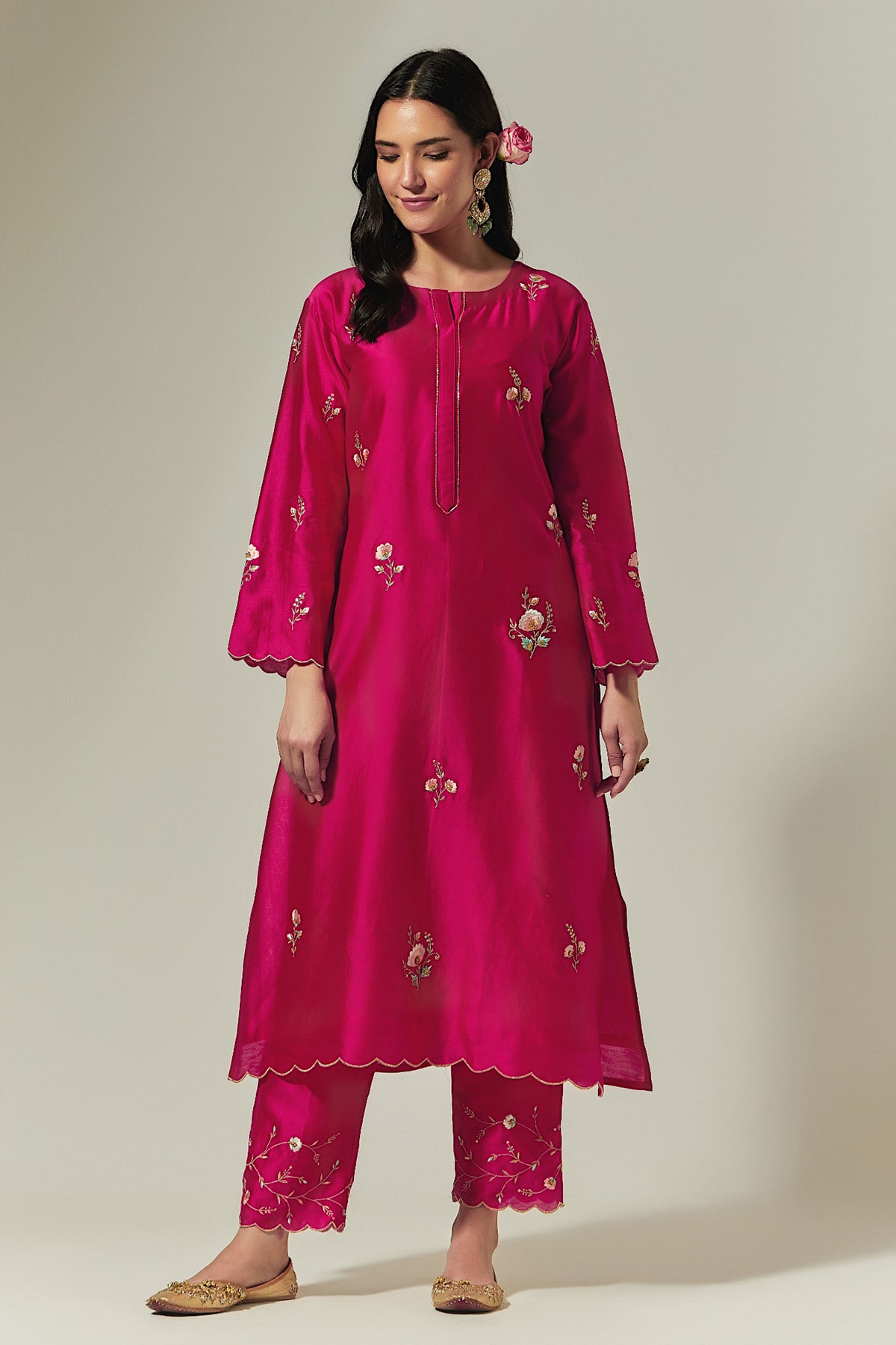 Fuchsia Silk Chanderi Hand Embroidered Kurta With Plackett