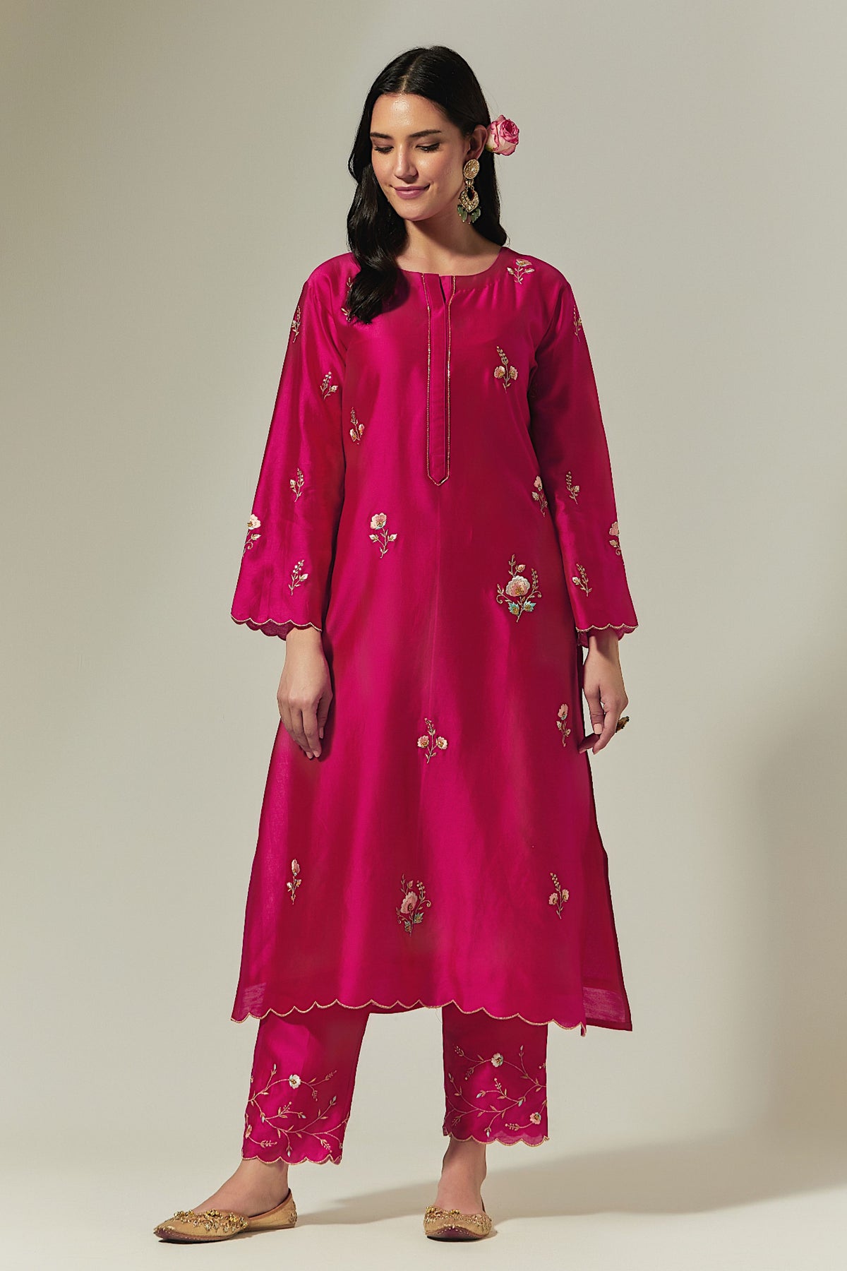 Fuchsia Silk Chanderi Palazzo With Embroidered Hem