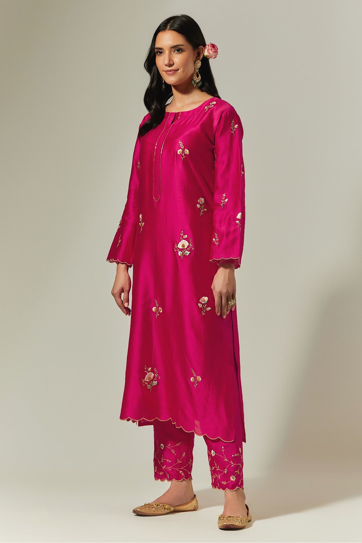 Fuchsia Silk Chanderi Hand Embroidered Kurta With Plackett