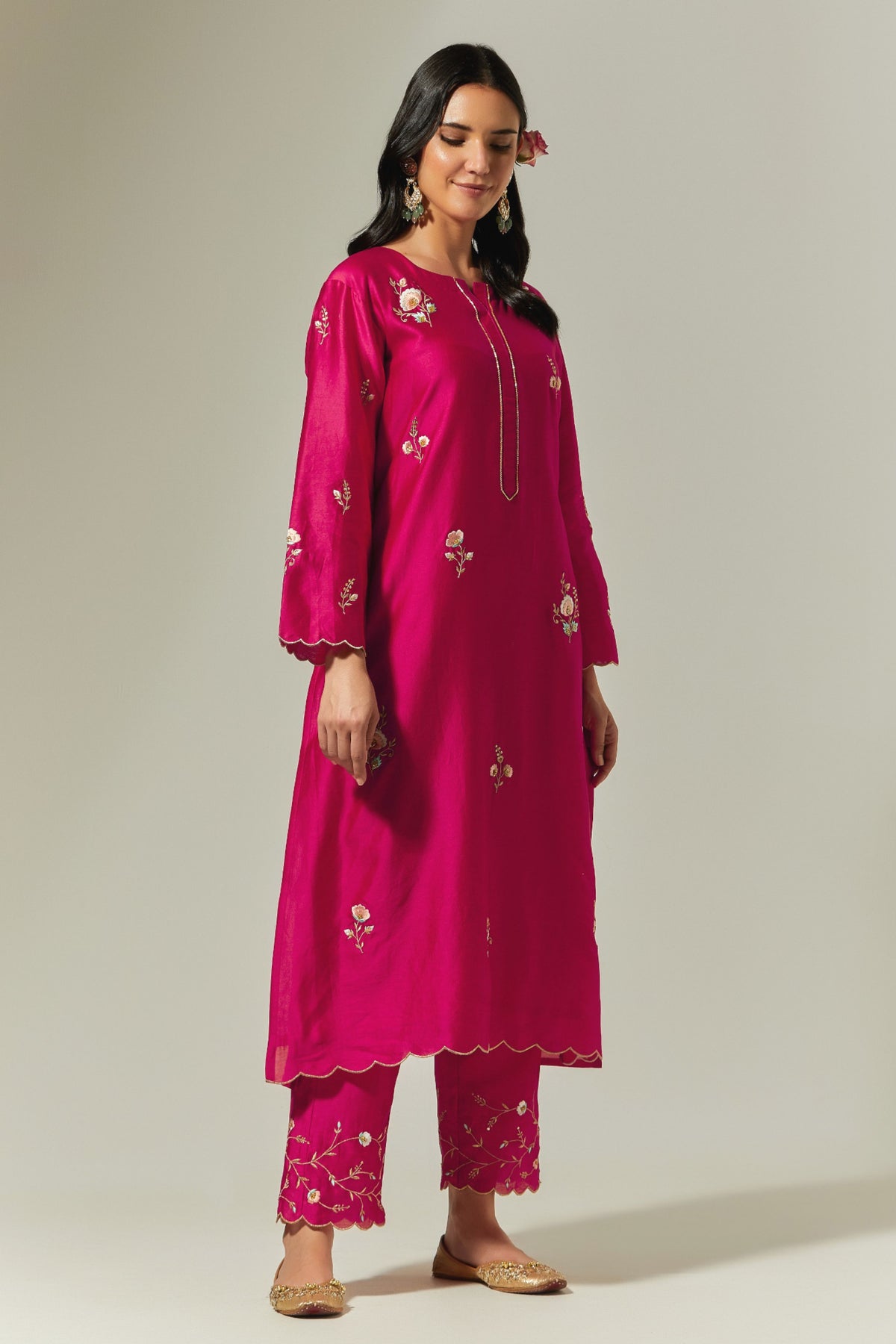 Fuchsia Silk Chanderi Hand Embroidered Kurta With Plackett