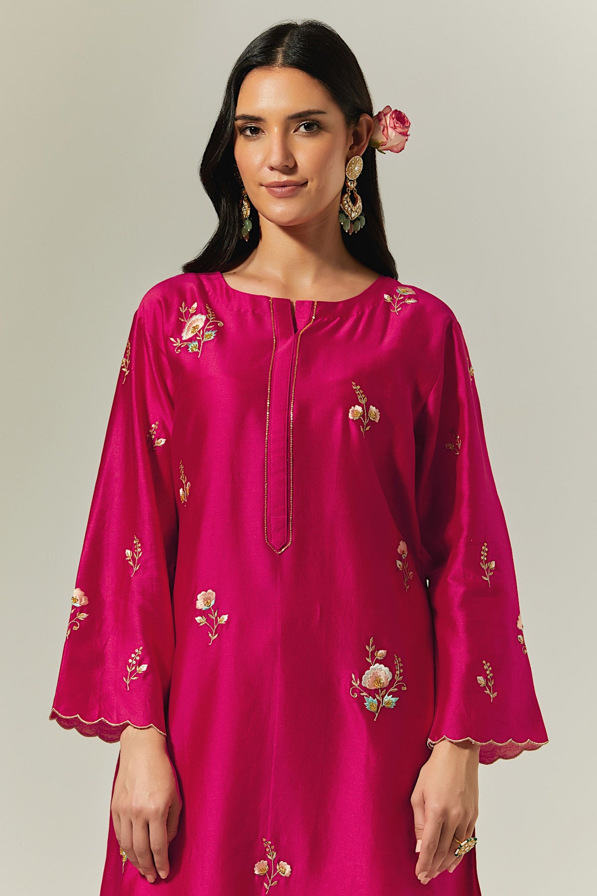 Fuchsia Silk Chanderi Hand Embroidered Kurta With Plackett