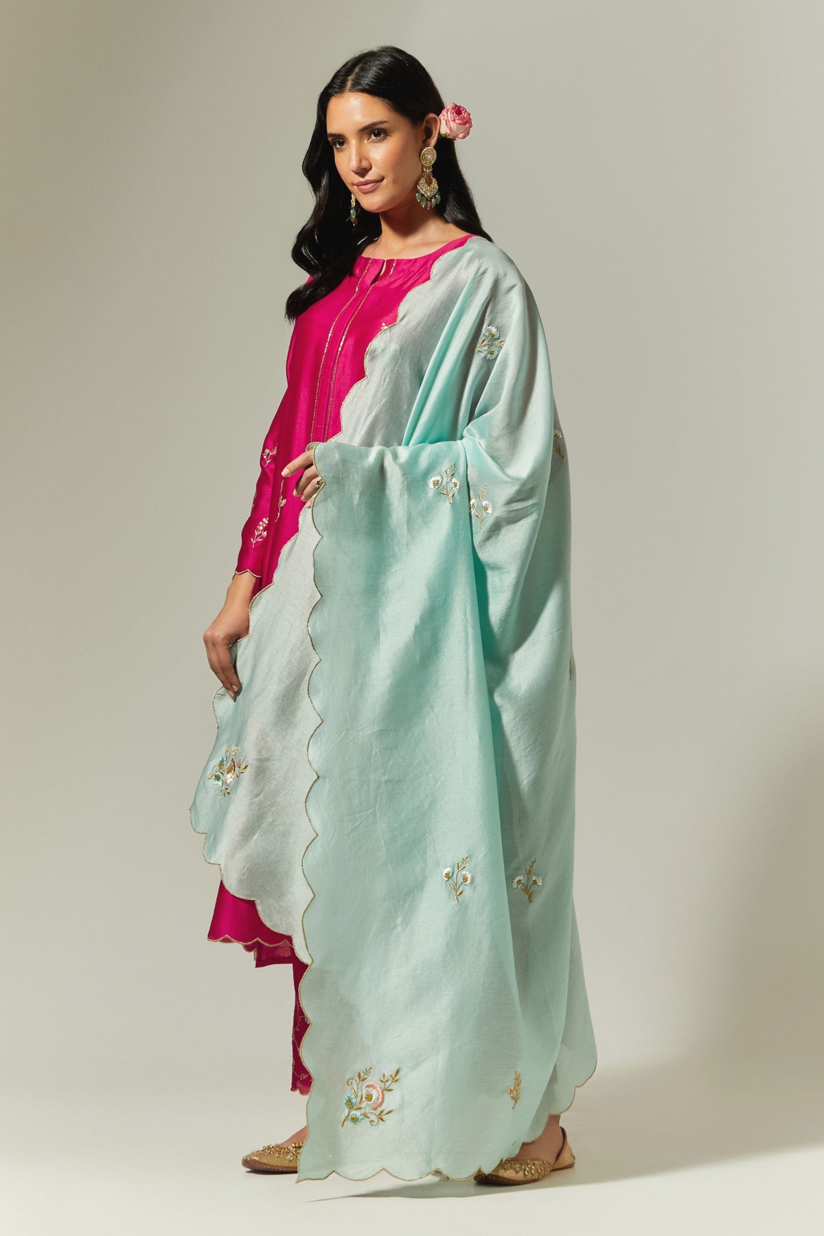 Fuchsia Silk Chanderi Hand Embroidered Kurta With Plackett