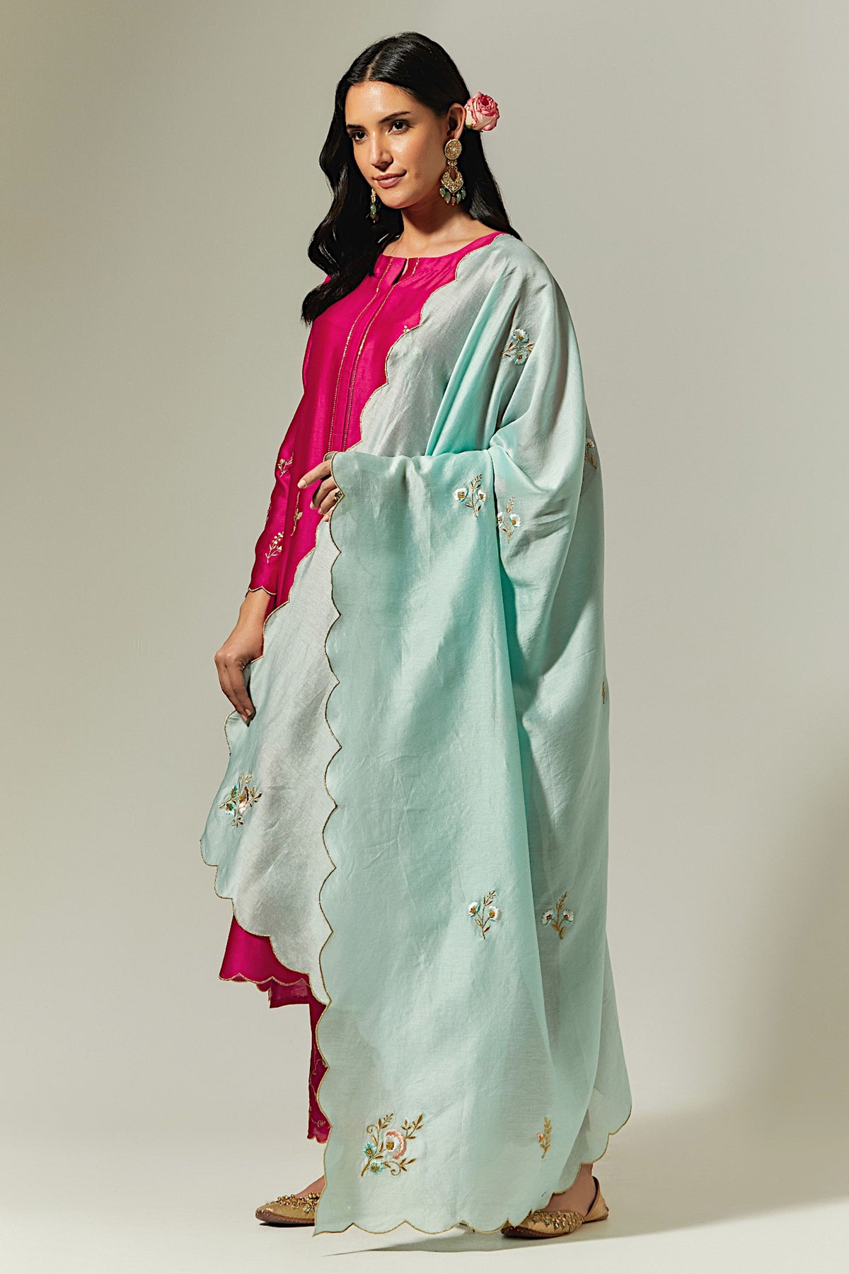 Mint  Silk Chanderi Hand Embroidered Dupatta